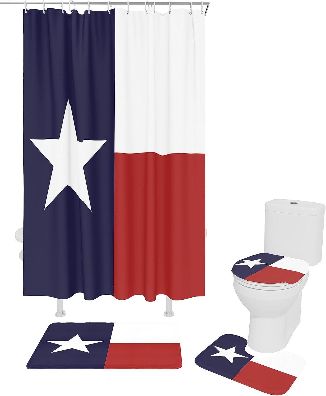 4 Pcs Western Decor Shower Curtain Set with Non-Slip Rug, Toilet Lid Cover, Bath Mat and 12 Hooks, Waterproof Shower Curtain Set for Bathroom - Texas State Lone Star State Flag
