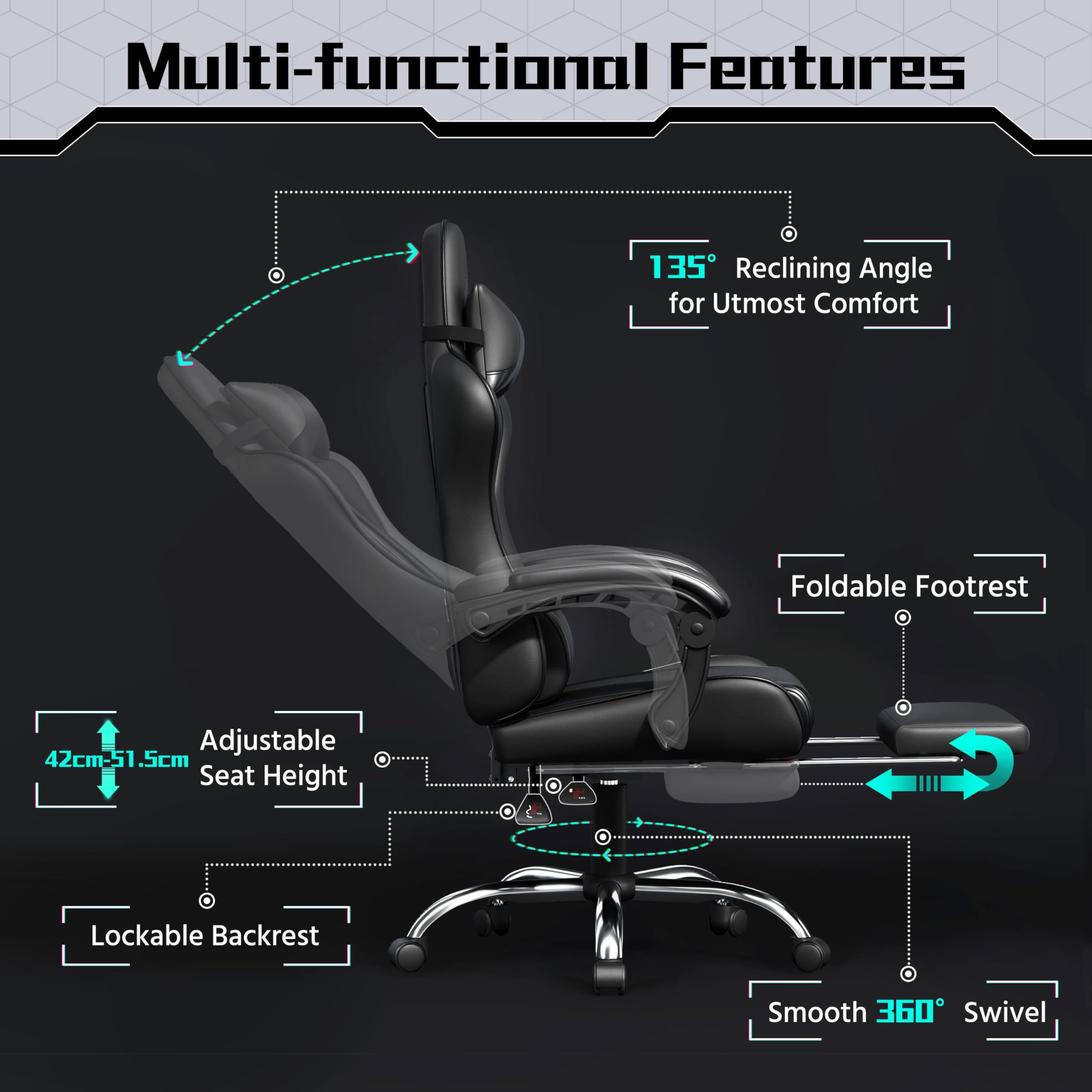 Yaheetech Gaming Stuhl Ergonomischer Gaming Sessel mit Massagefunktion Computerstuhl mit Fußstütze Bürostuhl 90-135° Rückenlehne verstellbar Gamer Stuhl für für Homeoffice und Gaming Schwarz