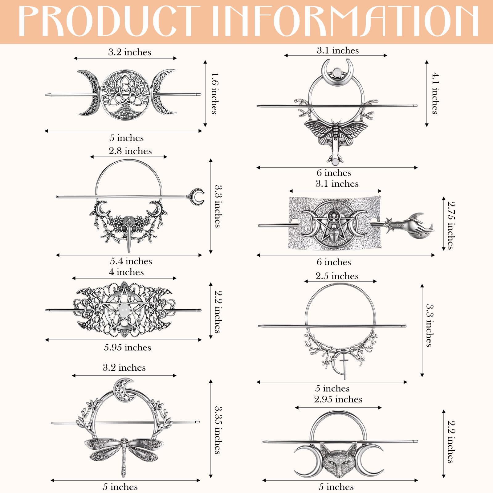 Syhood 8 Pcs Viking Celtic Hair Clips Vintage Knot Hair Stick Retro Silver Metal Celtic Barrette Hairpins Viking Jewelry Accessories for Women (Classic): 8 Moon