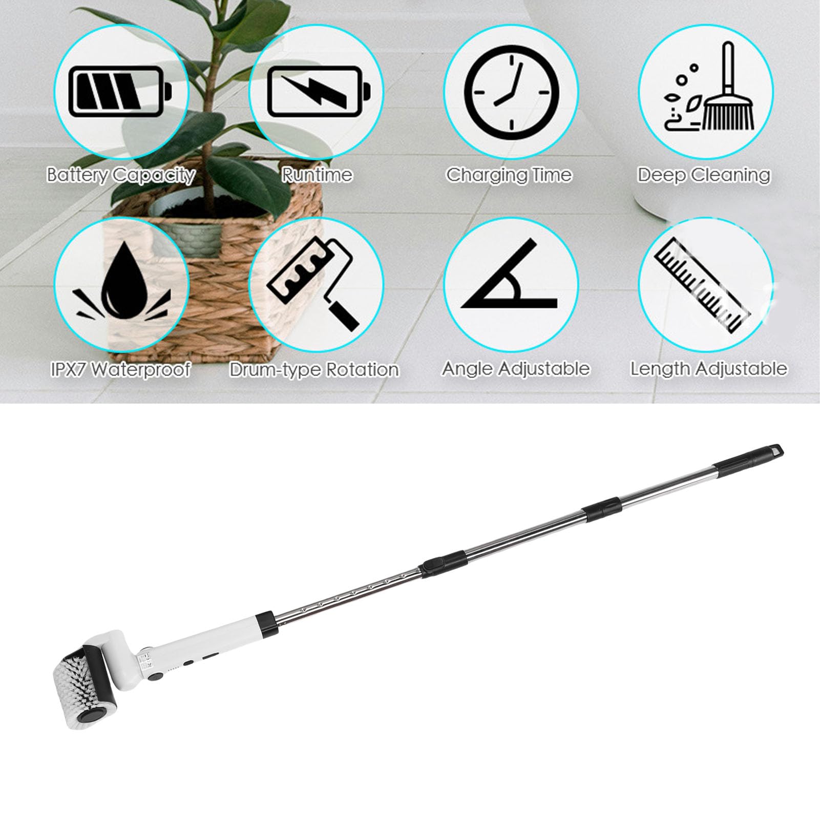 ASHATA Cepillo de Limpieza Eléctrico Inalámbrico, Fregadora Eléctrica Impermeable para Azulejos, Ducha de Vidrio y Coche con 4 Cabezales de Cepillo Versátiles