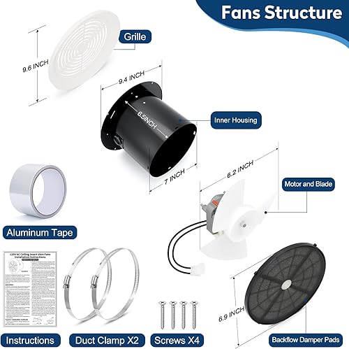 Miniatura 2 de V2262-50 Ventilador de escape de baño, ventilador de ventilación de 7 pulgadas, 50 CFM 1.0 Sones de bajo ruido para ventilador de techo de baño,