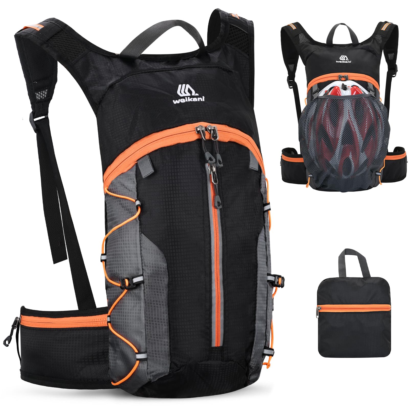 Outplea 6L Foldable Cycling Backpack, Ultralight Waterproof Bike Rucksack with Reflective Strips and Helmet Holder, Hydration Backpack for Motorcycle MTB, Black and Orange