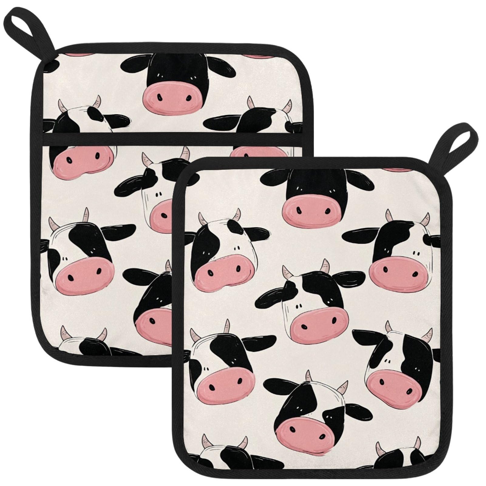 VAPOKF Cow Print Heat Resistant Pot Holders, Thick Pot Holders Pad with Hanging Loop for Kitchen, Oven Cloth Pads for Kitchen Baking Microwave Oven