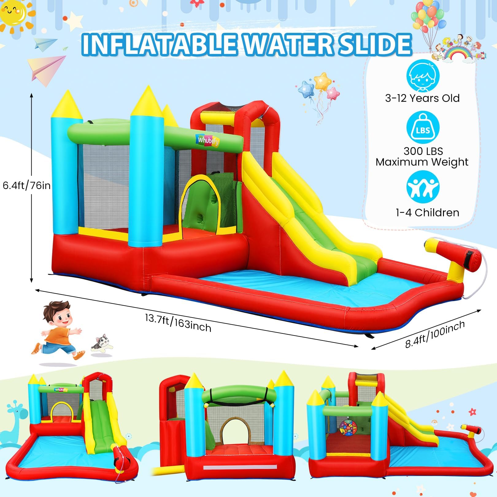 Castello gonfiabile per bambini,Con Scivolo,Castello d’Acqua Set, Trampolino, Piscina e Canestro da Basket, ottimo regalo per la festa in giardino nel parco acquatico, con ventilatore