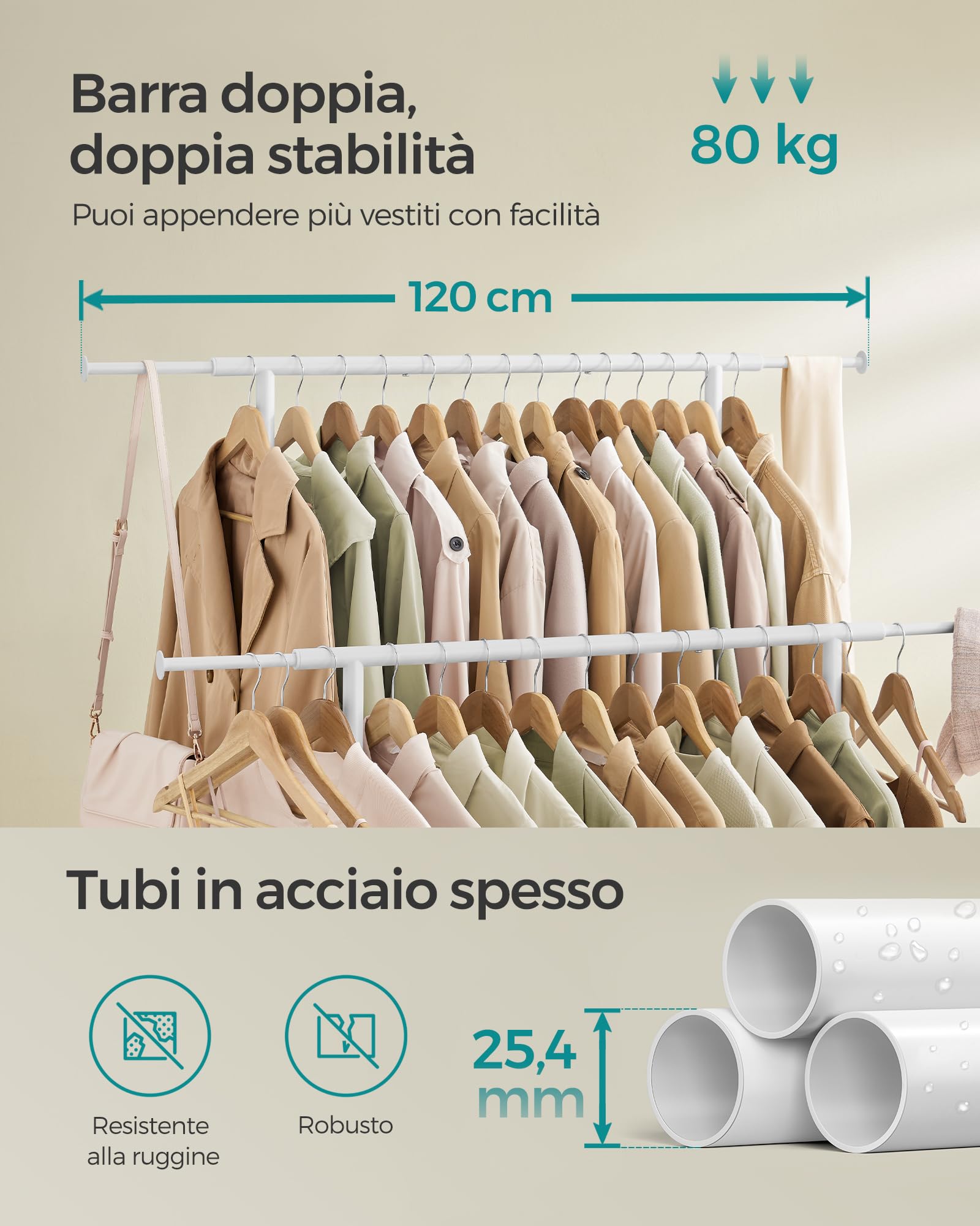 SONGMICS Stand Appendiabiti Doppio con Ruote, Attaccapanni Estensibile in Metallo, Portata Totale 80 kg, Larghezza 83-120 cm, Bianco Nuvola HSR133W01