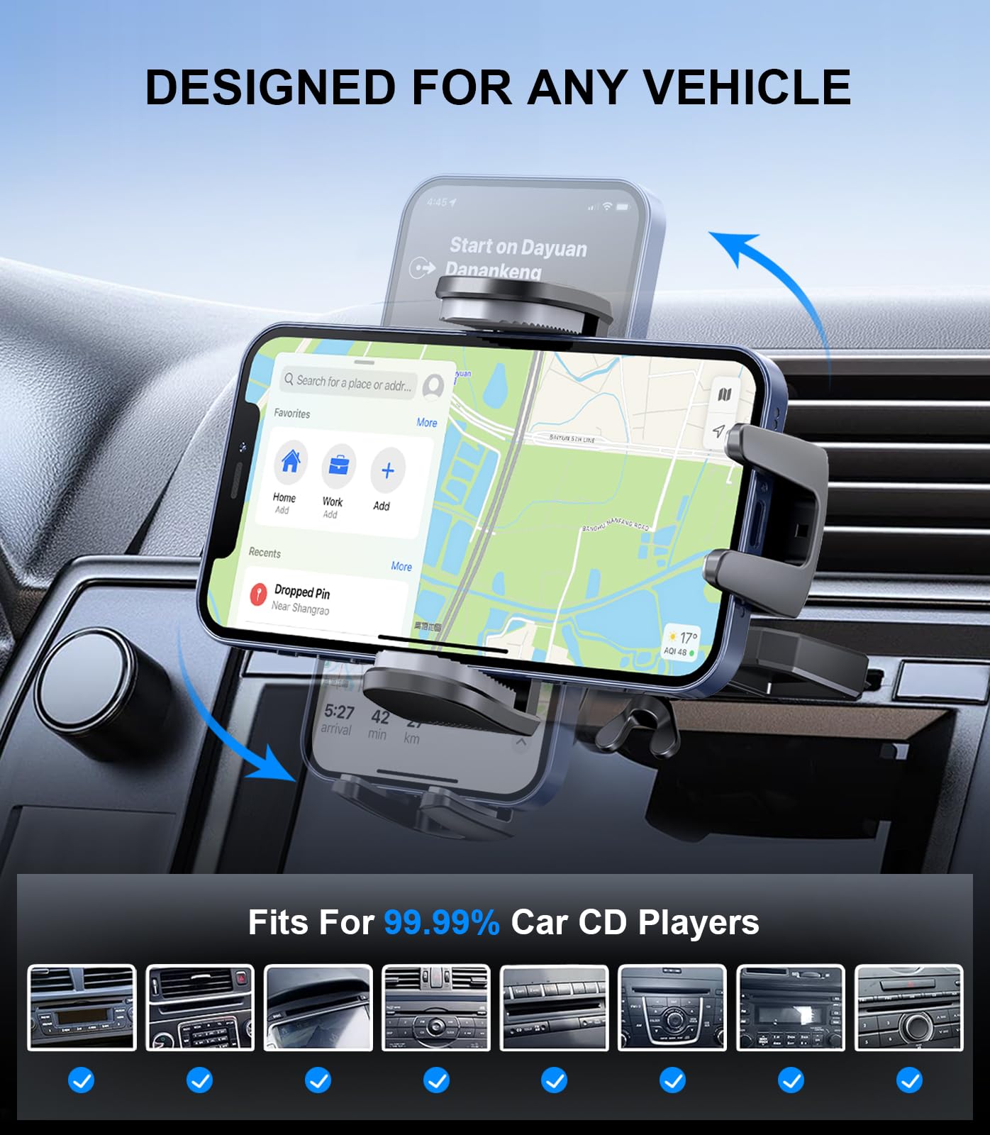 Soporte Movil Coche CD, ,Sujeta Moviles Coche Manos Libres, Universal Sujeta Móvil Coche CD, Porta Movil Coche Ajustable 360 ​​​​°Giratoria, Soporte Telefono Coche Para iPhone Samsung Smartphones