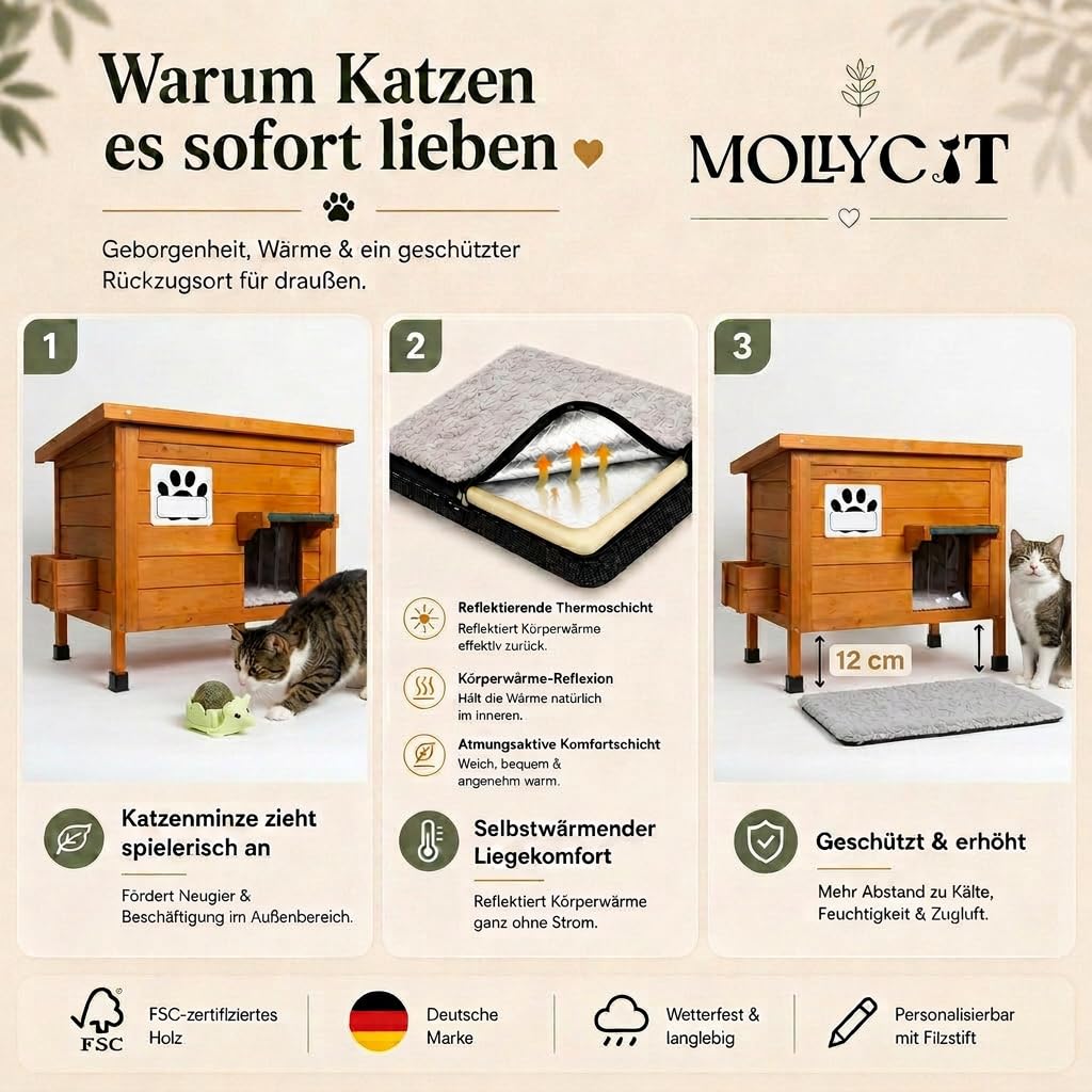 Katzenhaus Outdoor Wetterfeste aus Holz für draußen mit Namensschild, Pflanzkasten, selbstheizendem Kissen & Katzenminze-Spielzeug – Winterfest Katzenhütte für Garten, Terrasse oder Balkon