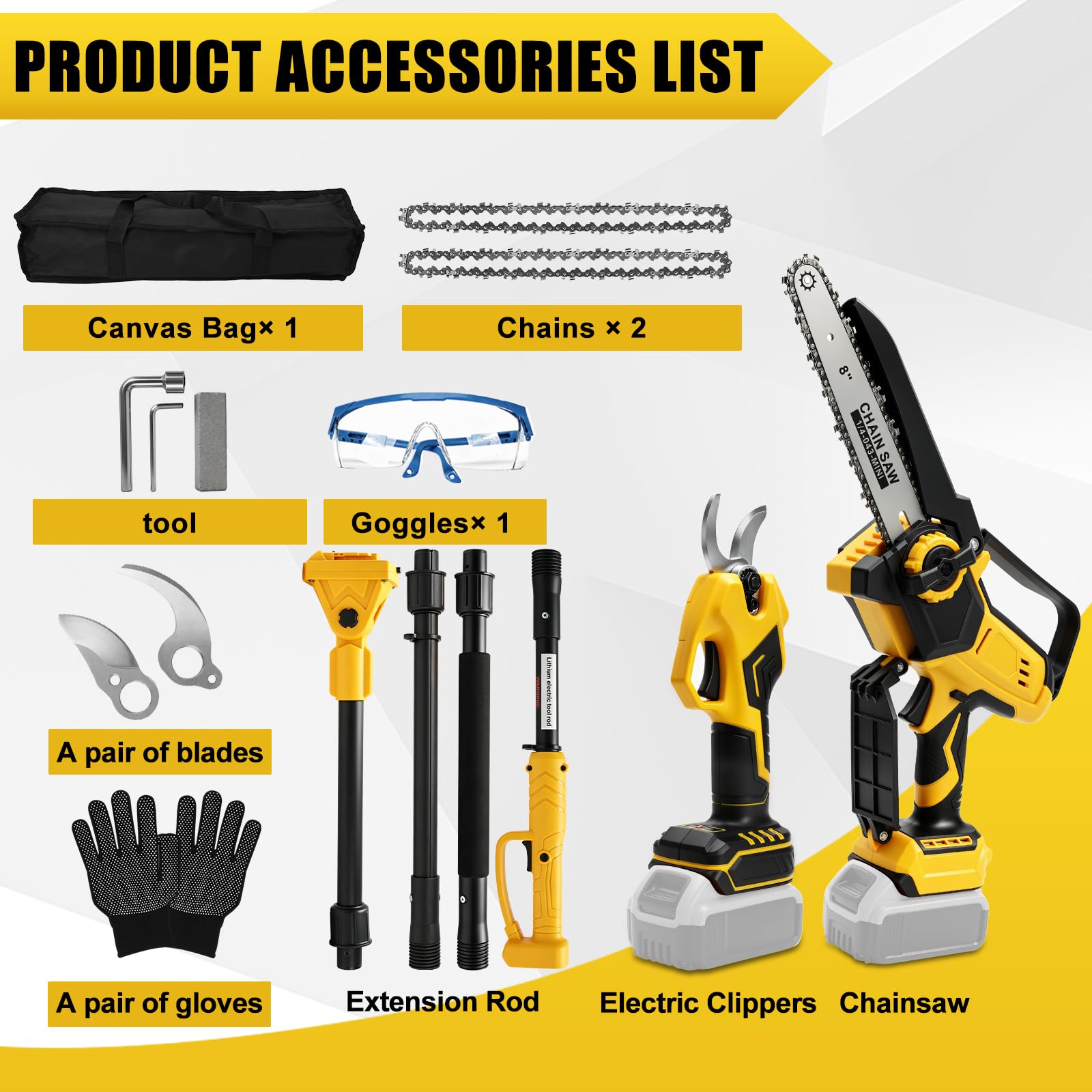 8 Pollici Motosega a Batteria Telescopica & 28 mm Forbici Potatura a Batteria Compatibile con Dewalt 18 V, 20 V, 4-in-1 Kit Motosega e Forbici, Portata Massima Fino a 4,5 m