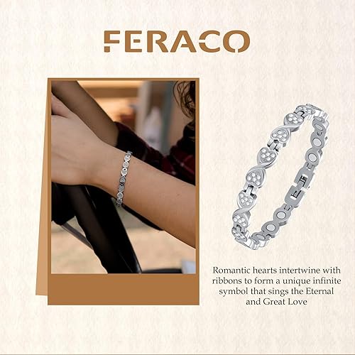 Miniatura 5 de Feraco 2 pulseras de cobre y pulseras magnéticas para mujer con 3800 imanes de terapia Gauss, pulsera magnética de acero de titanio con circonita