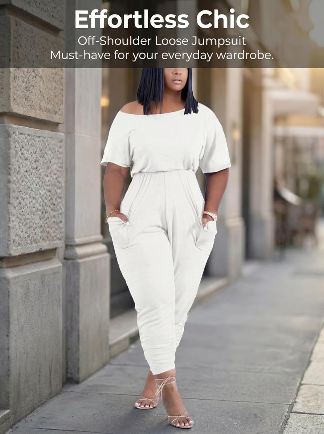 acelyn Casual One Piece Loose Jumpsuit for Women Summer Plus Size Overalls Off Shoulder Pockets Romper