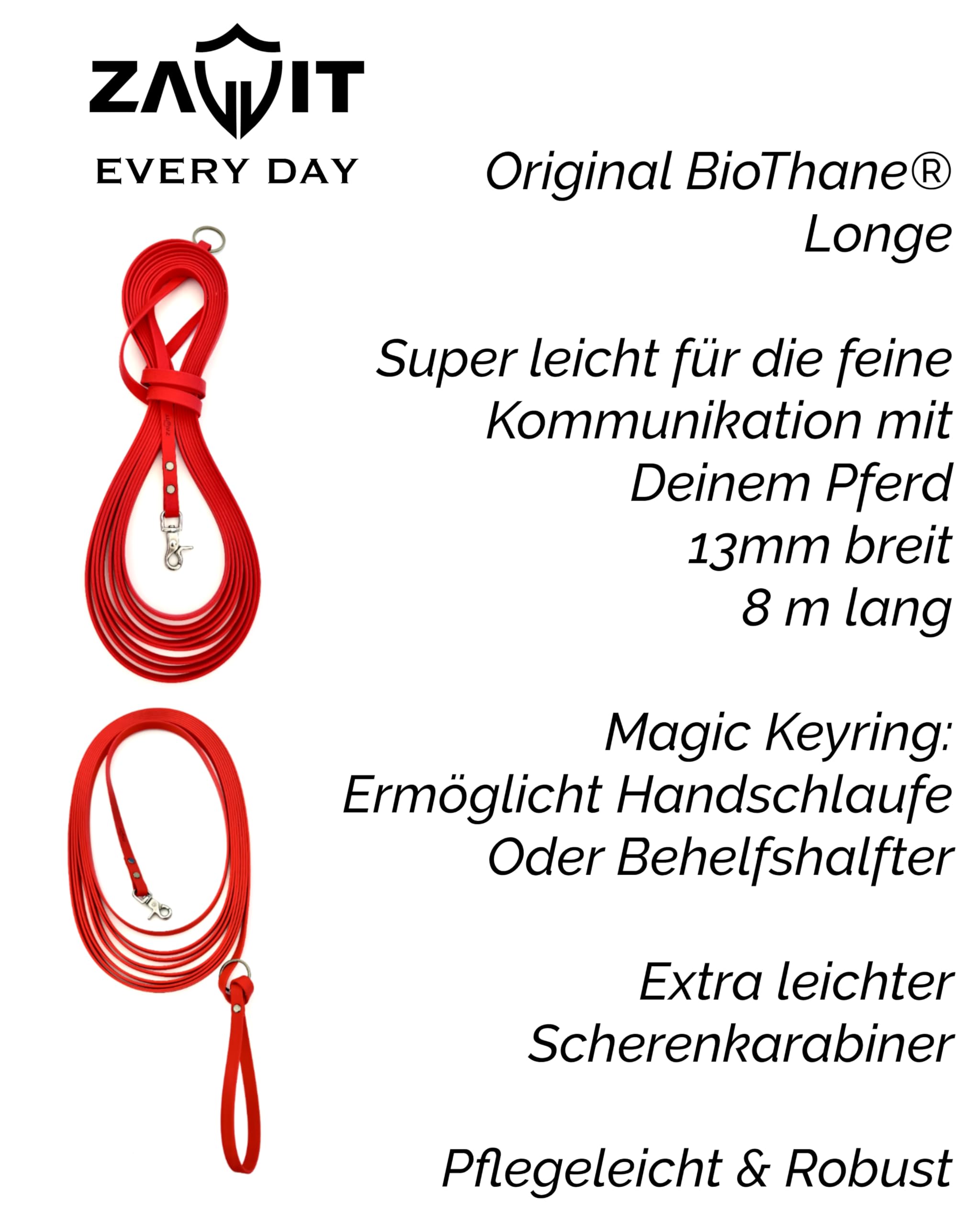 Biothane Longe 8m – Superleicht für Pferde oder als Schleppleine für Hunde, 13mm breit, wetterfest, reißfest, mit extra kleinem Edelstahl-Snap-Karabiner (20g-250kg Last), pflegeleicht, rot