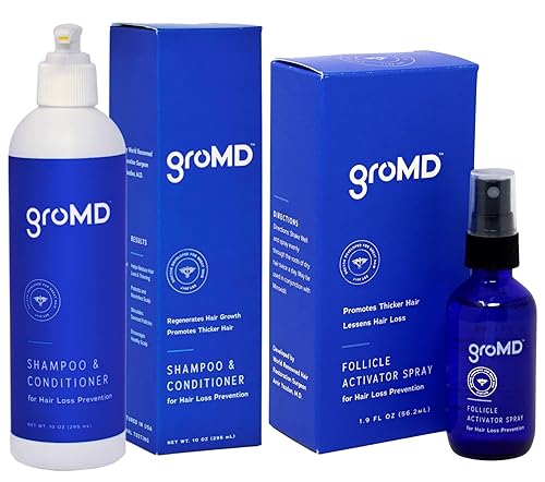 GroMD Folículle Activator Spray y Champú estimulante del crecimiento del cabello, paquete de acondicionador  Biotina, aceite de argán, péptidos de