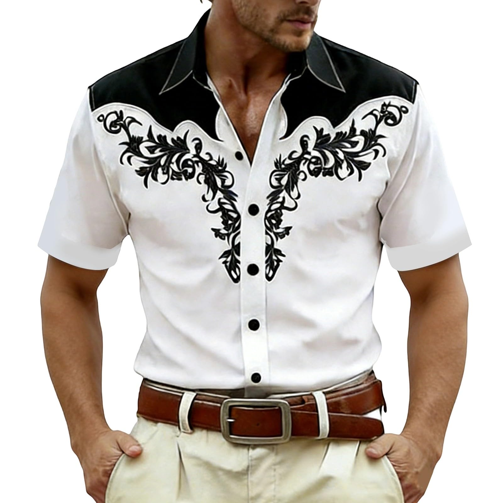 RUMAOZIA Men's Shirt Western Cowboy Style 3D Print White Vintage Medieval Shirts Short Sleeve Cowboy Costume Shirt Embroidery Look Men Carnival Party Top Regular Fit Fancy Dress Costume, O Black, L