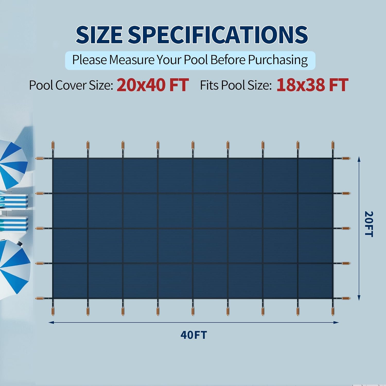 20x40ftSwimming Pool Safety Cover, Fits 18x38ft Rectangular Swimming Pools, Safety Cover with Triple Stitched High Strength Mesh PP Abrasion Resistant Installation Hardware Included, Blue