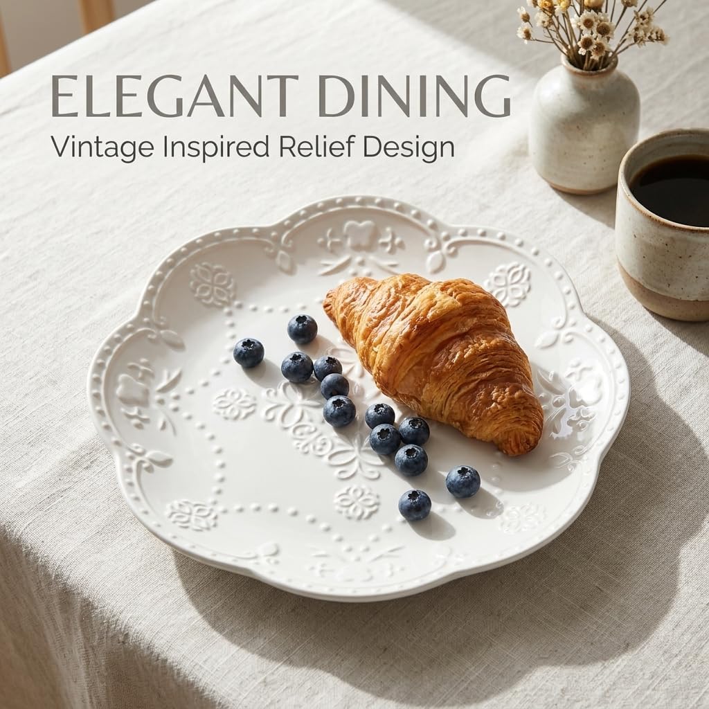 Neaylfe 5-Piece Embossed Ceramic Appetizer & Dessert Plates, 6 Inch White