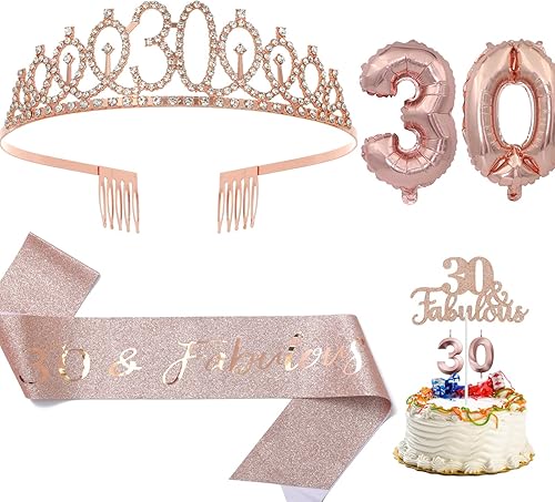 Decoraciones de cumpleaños número 30 para mujer, banda, corona, vela de cumpleaños y globo digital de papel de aluminio de 32 pulgadas, decoración