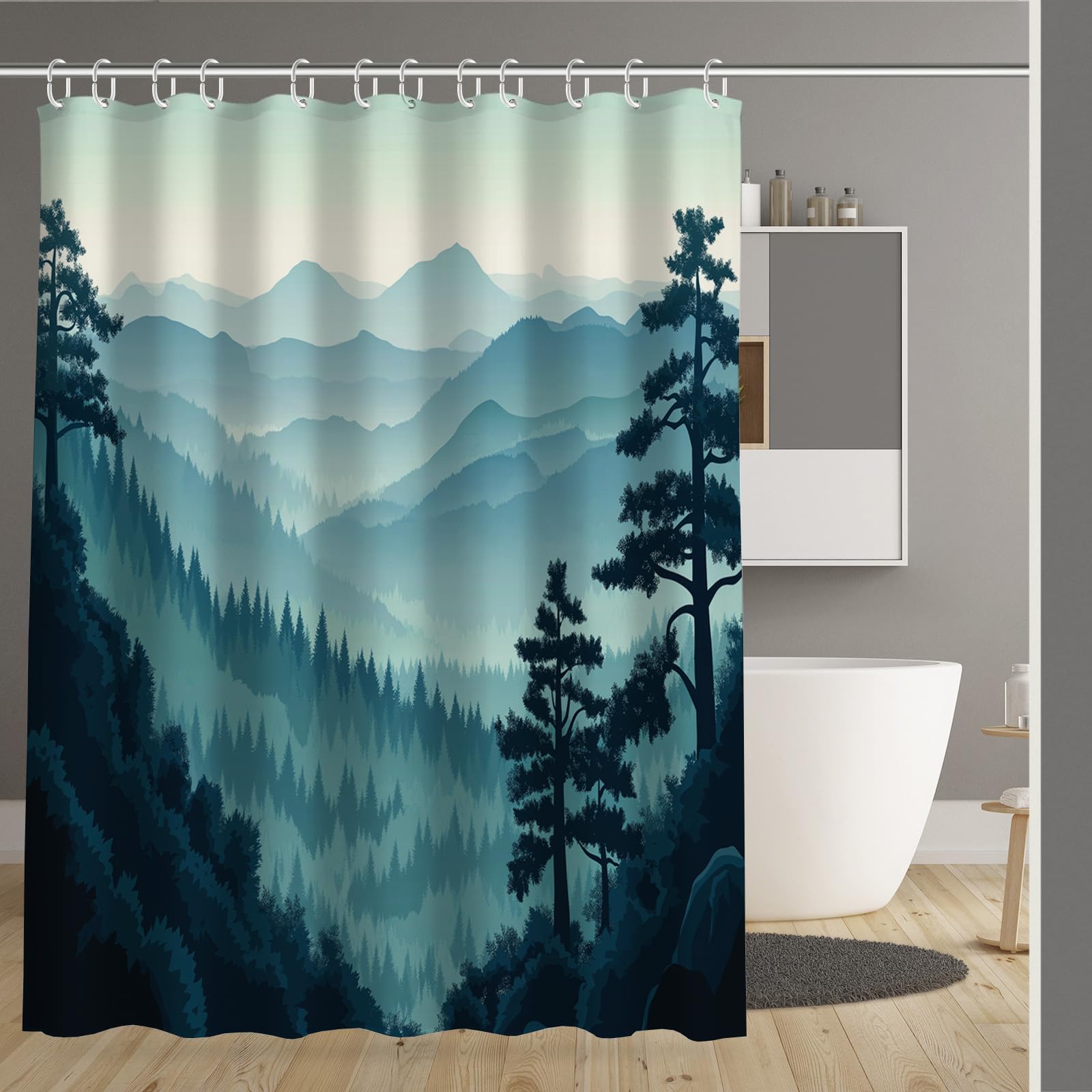 Rideau de douche imperméable lavable avec ourlet lesté et design paysage abstrait