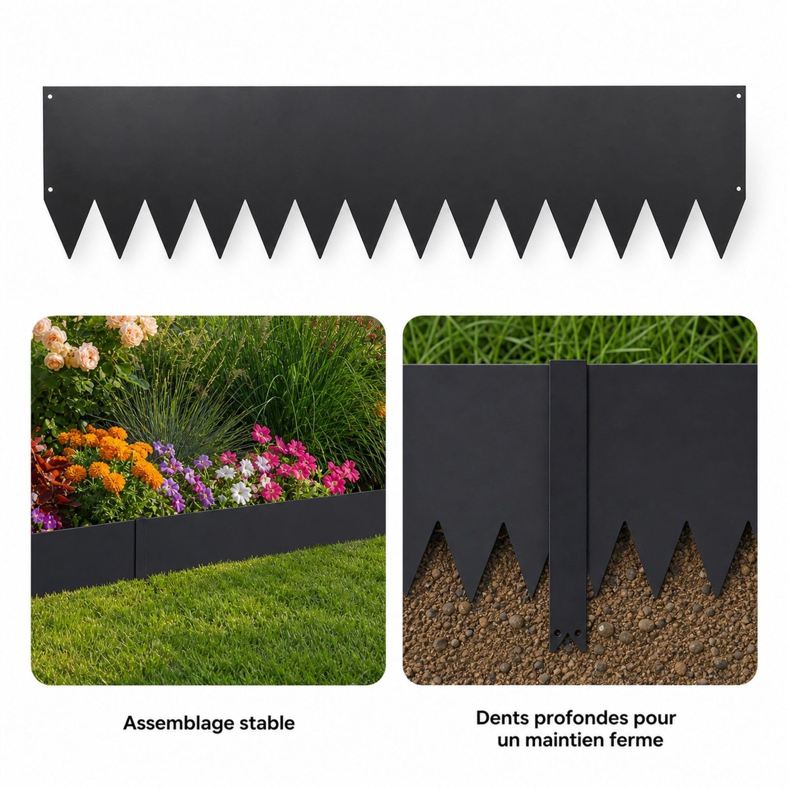 Bordure de Jardin en métal, Lot de 6, Acier galvanisé Noir, avec 8 Clips de Fixation, pour pelouse, massifs de Fleurs et allées