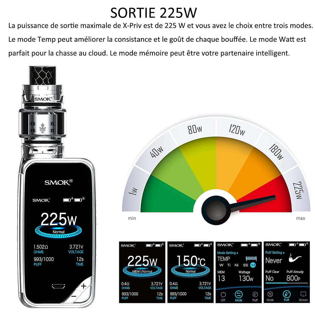 Cigarette Electronique Kit Complet,Smok X-priv 225W Plein Écran Kit+Interdit  aux moins de 18 ans avec 8ml TFV12 Prince Tank,2*Efest Batterie Vape，Sans  Tabac Ni Nicotine(Prisme Chrome) : Amazon.fr: High-Tech