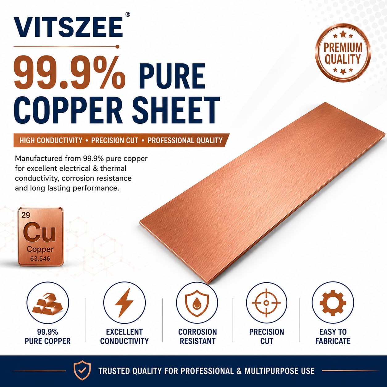 VITSZEE 99.9% Pure Copper Cu Metal Sheet Plate 150 x 50 x 0.5 mm | Premium Copper Strip for DIY Crafts Electrical Conductivity Engineering Science Projects Welding Hobby Art & Industrial Applications