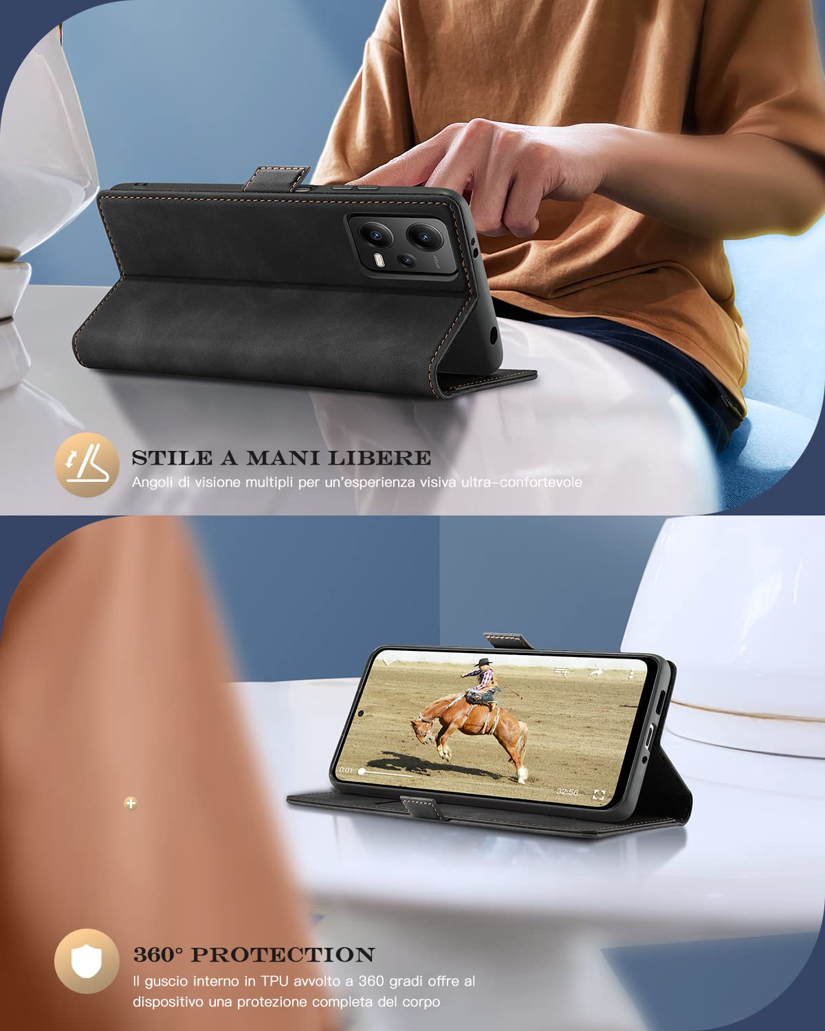 Focusor Cover a Libro Xiaomi Redmi Note 12 (5G) / Xiaomi Poco X5 [con 1 Pellicola Protettiva] Custodia in Pelle [Portafoglio] Magnetica Sintetica TPU Antiurto,Funzione Supporto Slot Schede, Nero