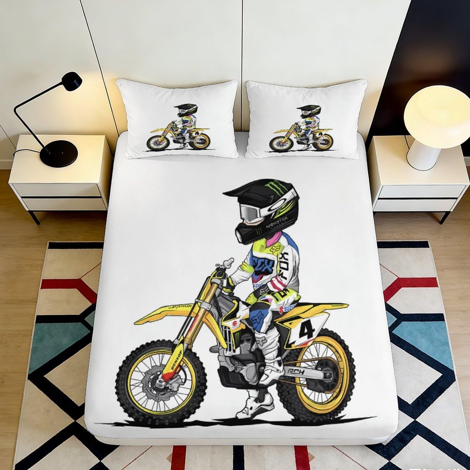 3D Printed Motocross Rider Fitted Sheet Microfiber Soft Breathable Dirt Bike Mattress Cover for Bedroom Decor 90x200x25cm