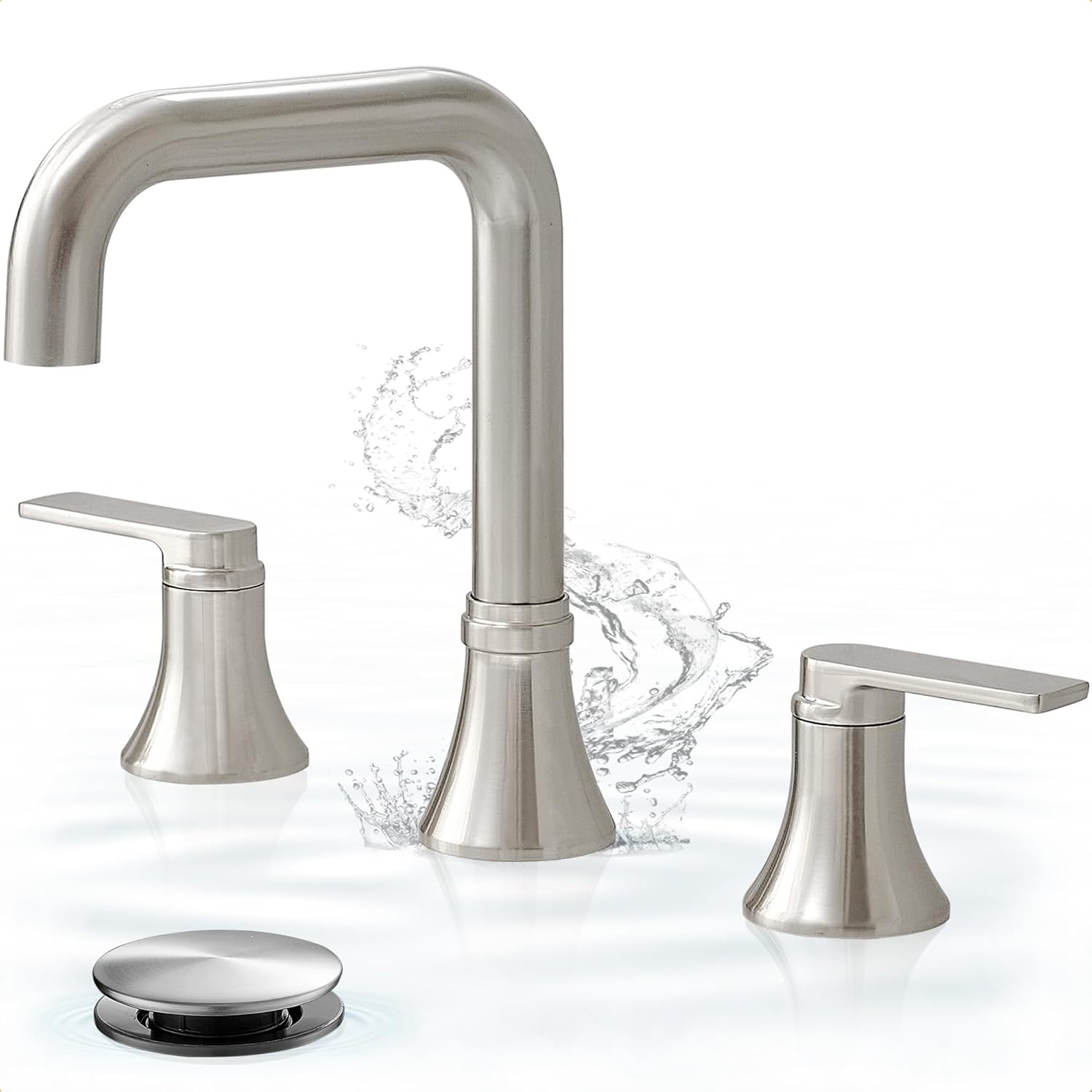 Brushed Nickel 8 Inch Widespread Bathroom Faucet, 360 Degree Swivel Bathroom Sink Faucet 3 Hole, 2 Handles with Pop-Up Drain & Water Hoses for Lavatory Vanity