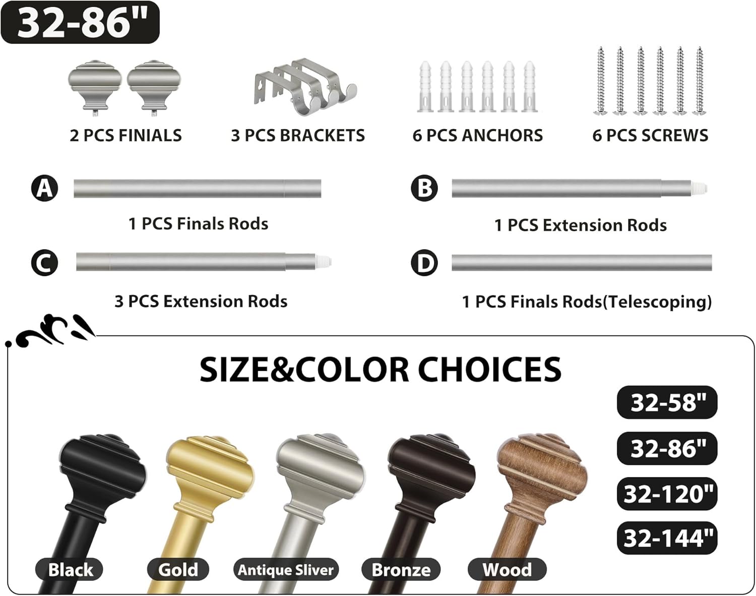 Adjustable Curtains Rods for Windows 48 to 84 Inch,USFOOK 7/8 Inch Splicing Single Curtain Pole Set, Decorative Drapery Rods 32 to 86 Inch for Home, Antique Silver Square Finials