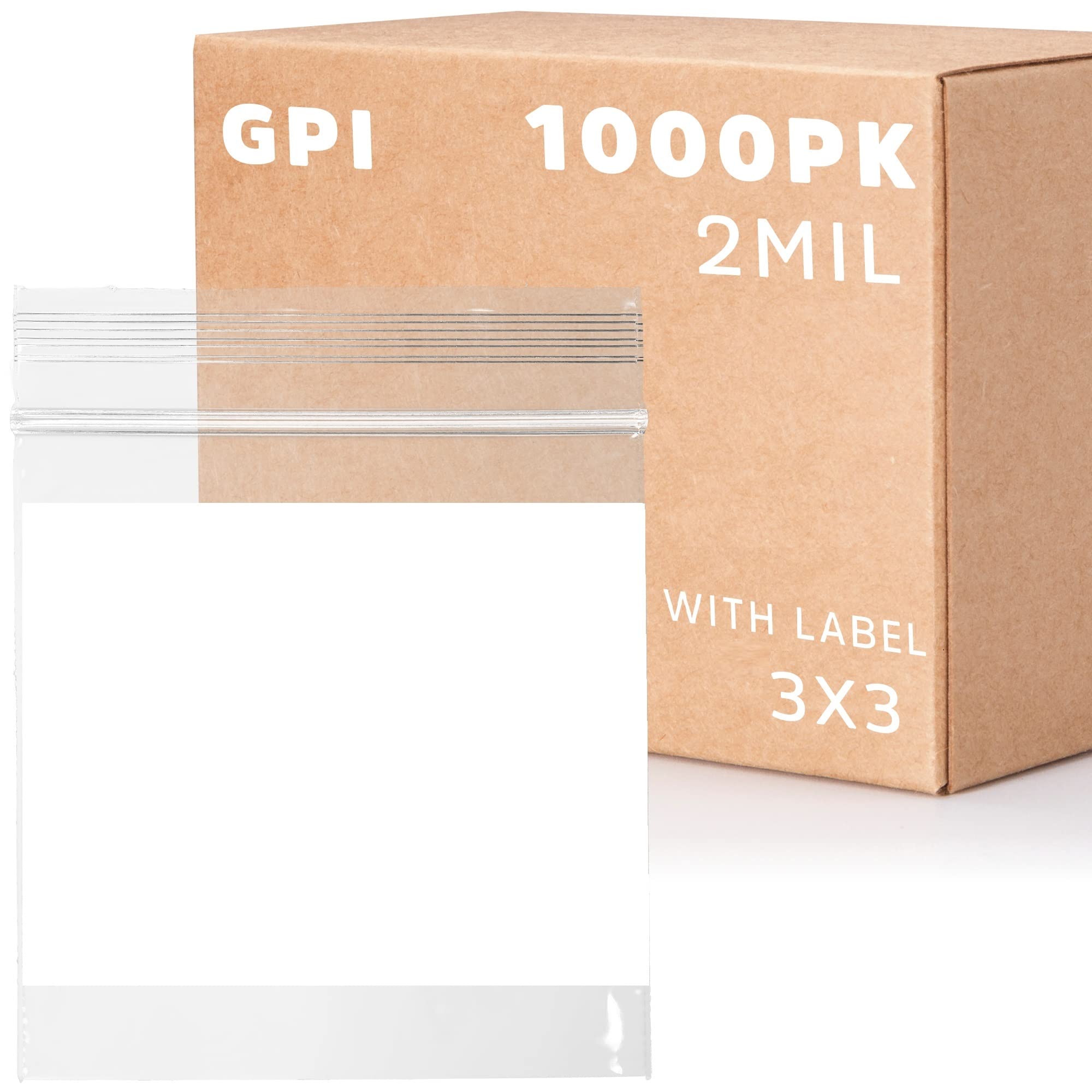 GPI Lot de 1000 sacs en plastique transparent refermables avec fermeture éclair de 2 mm d'épaisseur, solides et durables avec fermeture éclair refermable sur le dessus et bloc blanc pour le rangement,