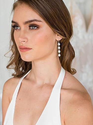 Miniatura 9 de Aretes colgantes de bola redondos chapados en oro de 14 quilates para mujer minimalista ligeros largos colgantes y largos aretes de boda para novias