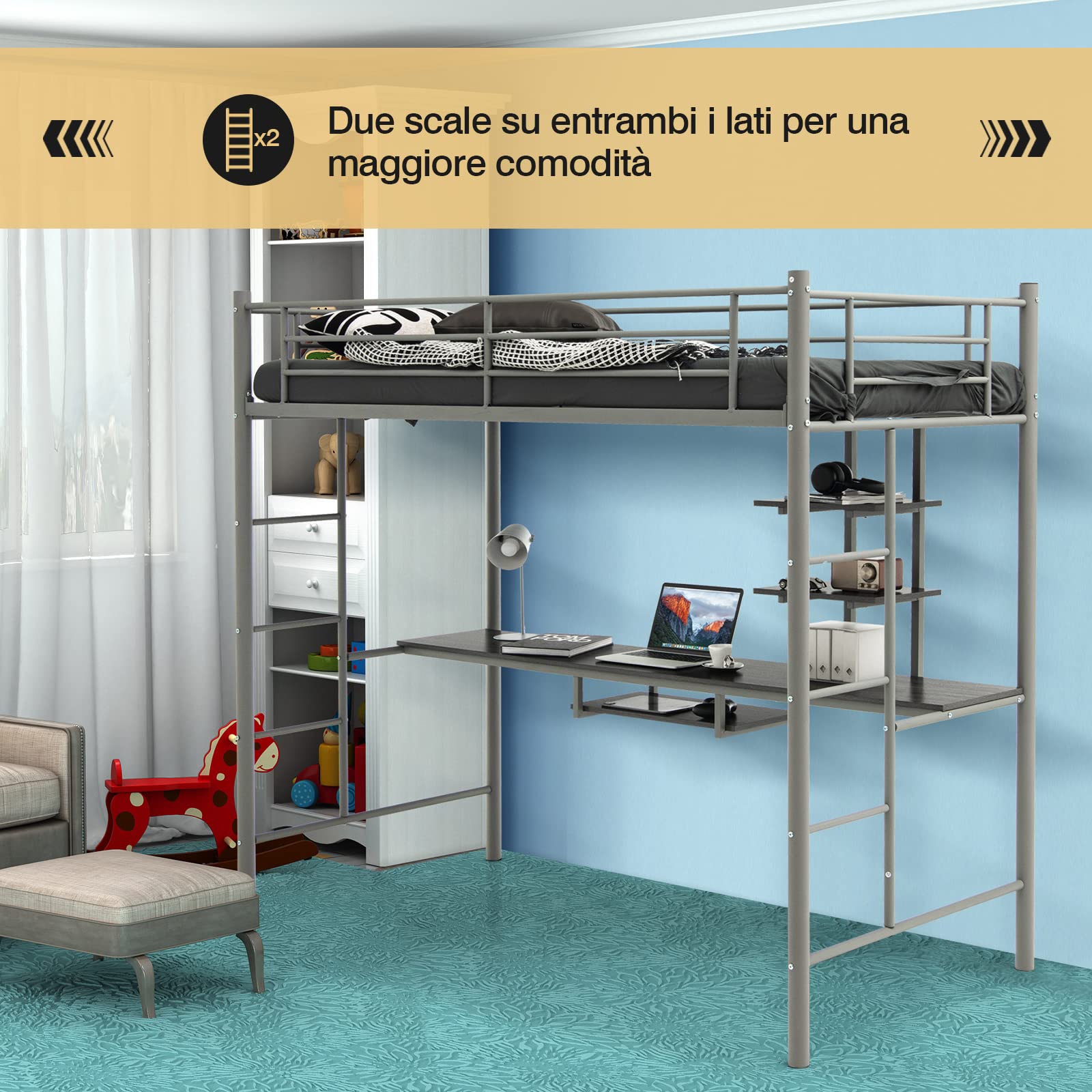 COSTWAY Letto a Soppalco in Metallo, Struttura del Letto Salvaspazio con 2 Scale e Scrivania, Letto a Doghe Ideale per Adolescenti e Adulti, 200x95x180,5 cm (Argento)