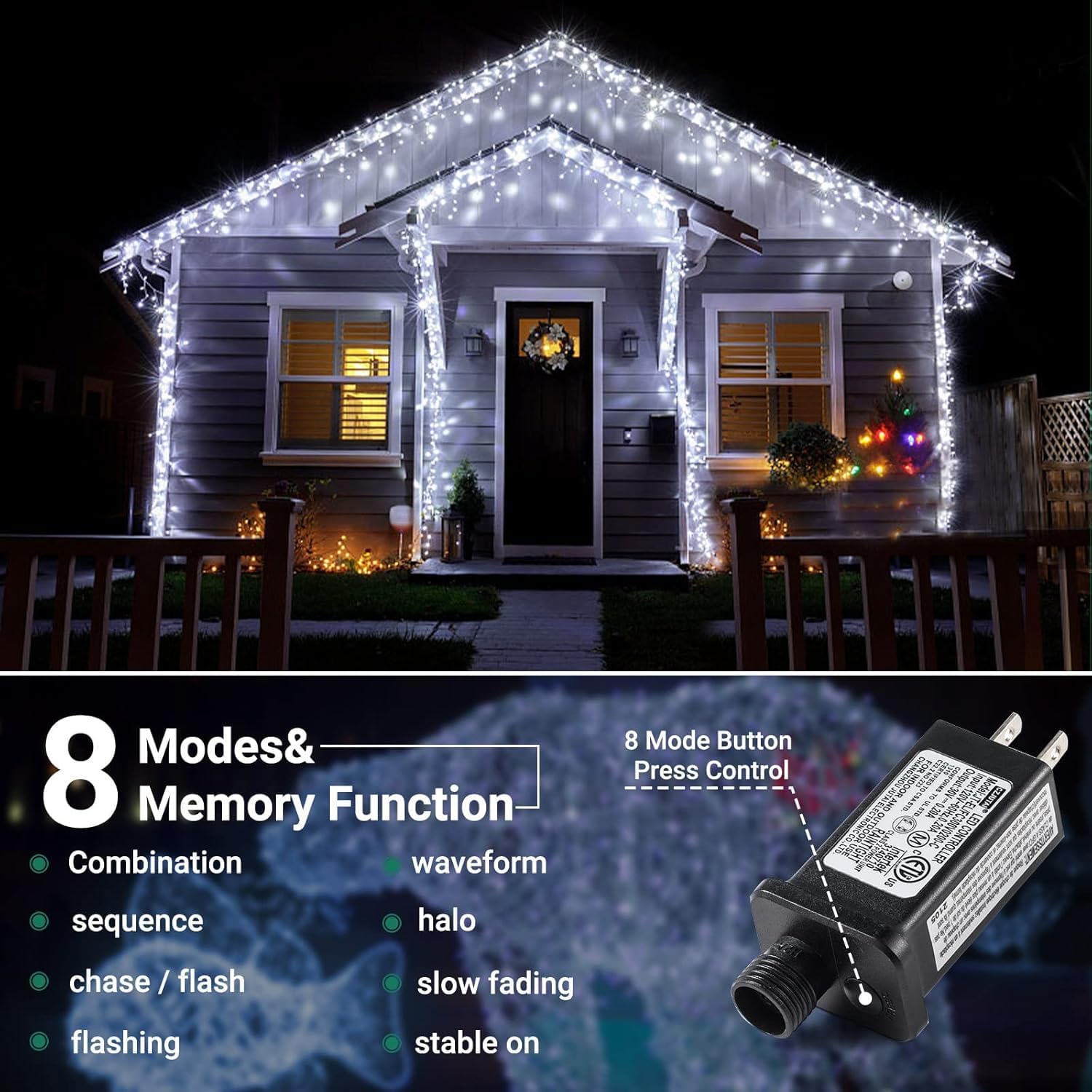 Diagram showing the 8 lighting modes and the control button on the Quntis LED string light plug.