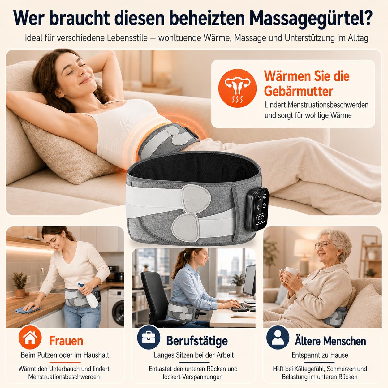 170CM Wärmegürtel Rücken Heizkissen Kabellos Massagegerät, 5000mAh Heizkissen mit Abschaltautomatik, Wärmekissen für Rücken mit 5 Massagemodi 3 Wärmestufen, Geschenke für Männer Frauen