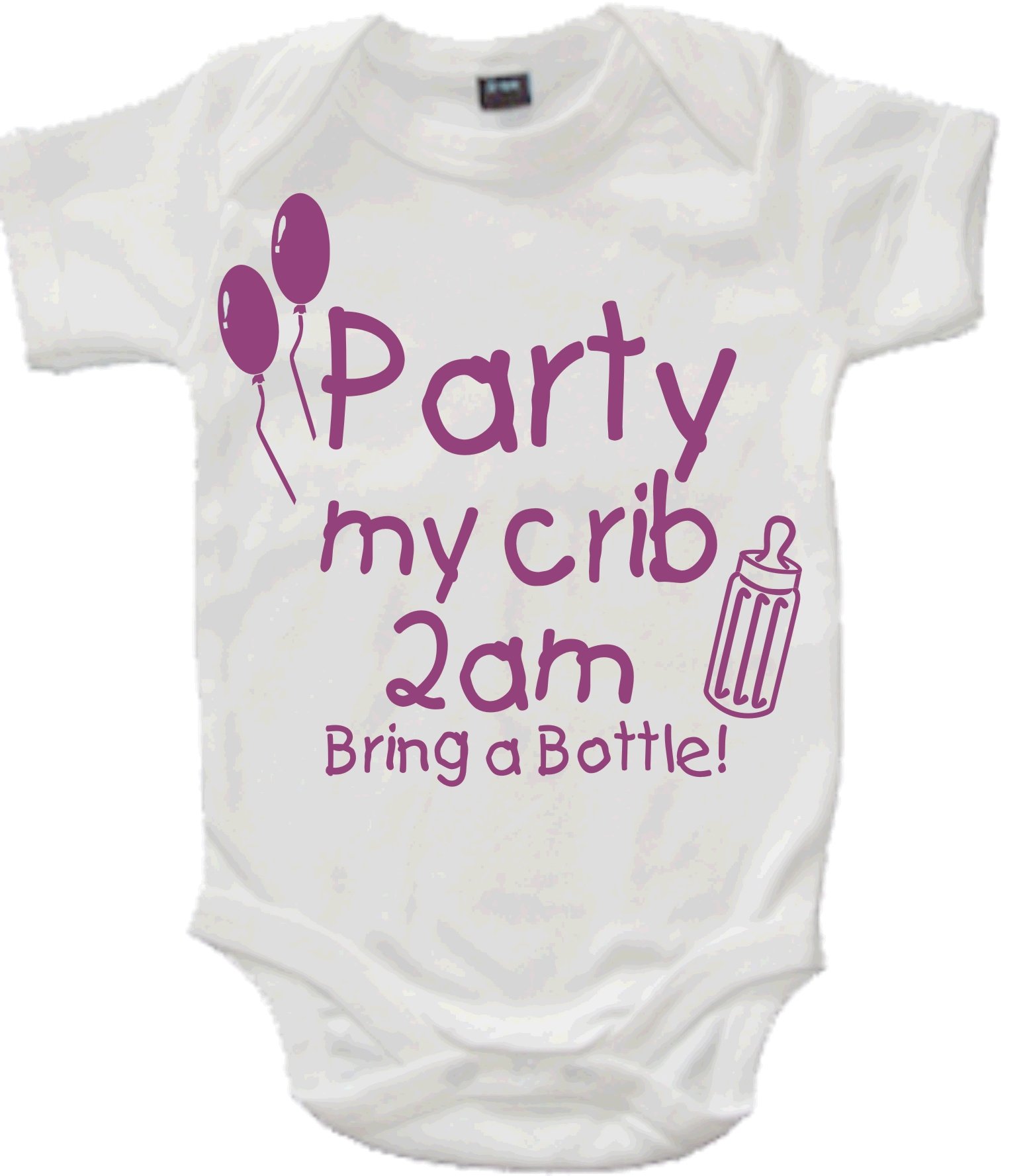 Edward Sinclair White Baby Bodysuit 0-3 Months with Pink Glitter Print 'Party AT My Crib 2AM Bring A Bottle'