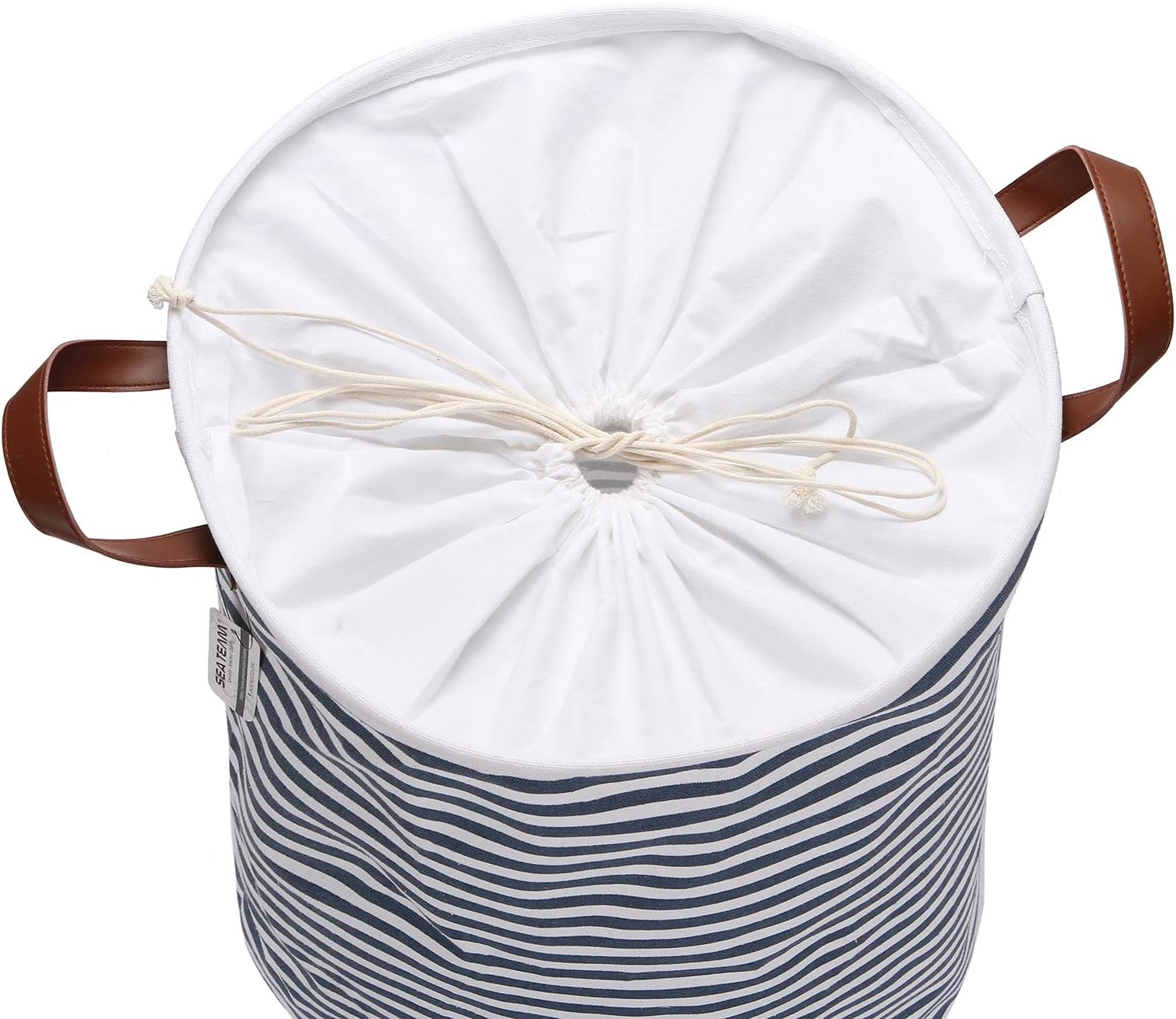 Sea Team 19.7 Inches Large Sized Waterproof Coating Ramie Cotton Fabric Folding Laundry Hamper Bucket Cylindric Burlap Canvas Storage Basket with Stylish Navy Blue & White Stripe Design