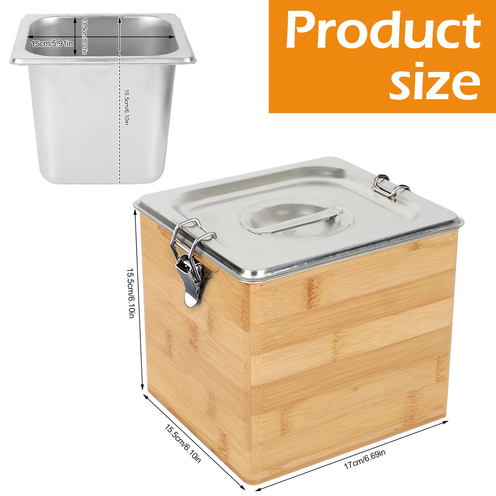 Cubo de compost para cocina, acero inoxidable, cubo de basura orgánica con tapa y caja de madera, a prueba de olores, apto para lavavajillas, contenedor de residuos biológicos para cocina, cubo de