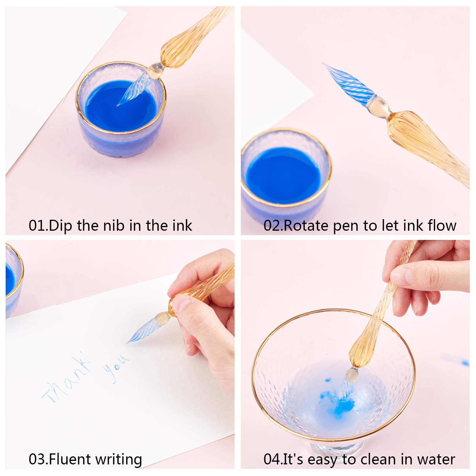 WANDIC Set 5 Penne A Immersione In Vetro Colorato Con Supporti – 24,9 Cm – Per Calligrafia, Disegno E Firma