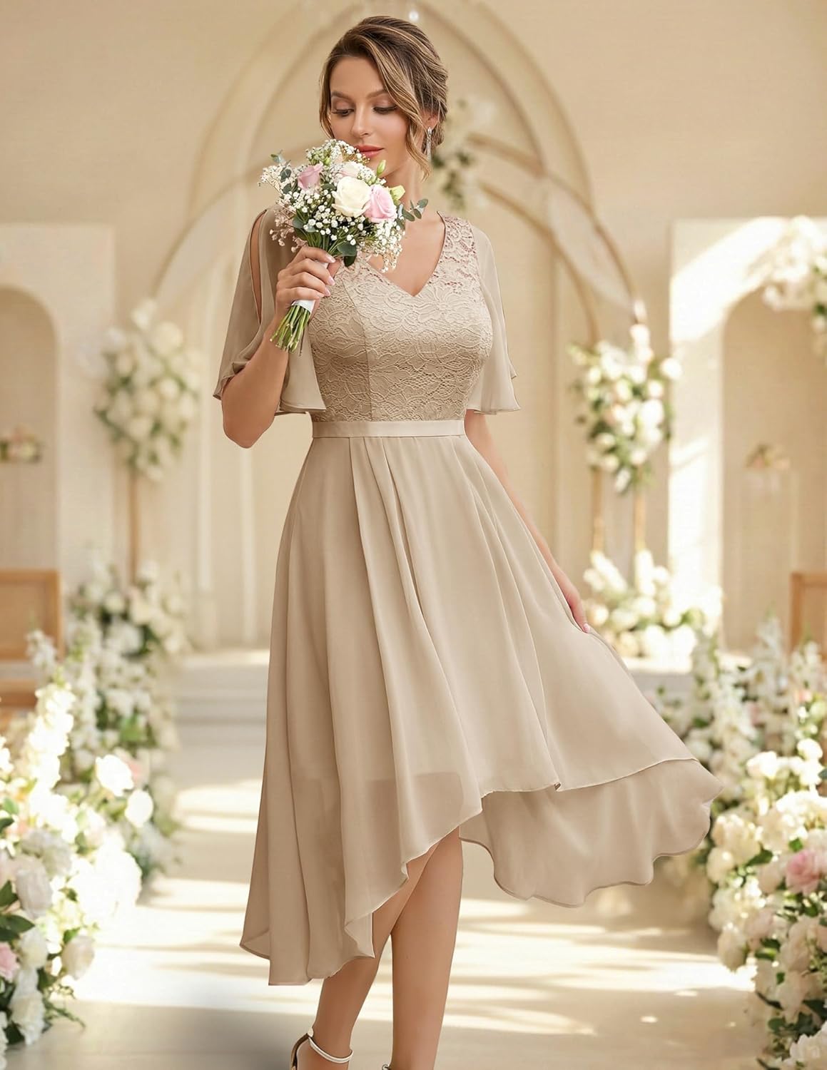 BeryLove Cocktail Formal Party Dress Bridesmaid Wedding Guest A Line Lace Elegant Flowy Prom Dresses - Image 3