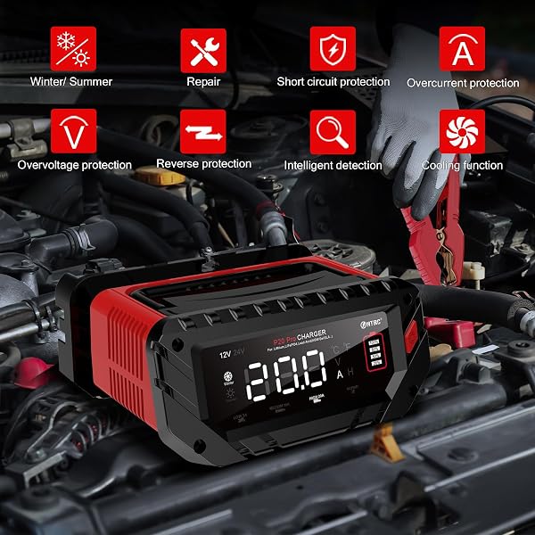 HTRC 12V/24V Car Battery Charger, 20A Chargers for Car Batteries, Battery Charger Car for Car, Motorcycle, Lawn Mower, Boat, Lithium, LiFePO4 and Lead Acid (AGM, Gel, MF, EFB, SLA, VRLA, Wet) - 4