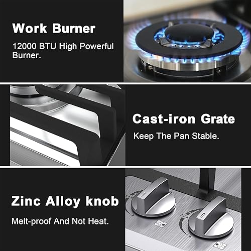 Miniatura 4 de Placa de cocina de gas de 24 pulgadas, estufa de gas integrada con 4 quemadores, cocinas convertibles NG/LPG, placa de cocina de propano de doble