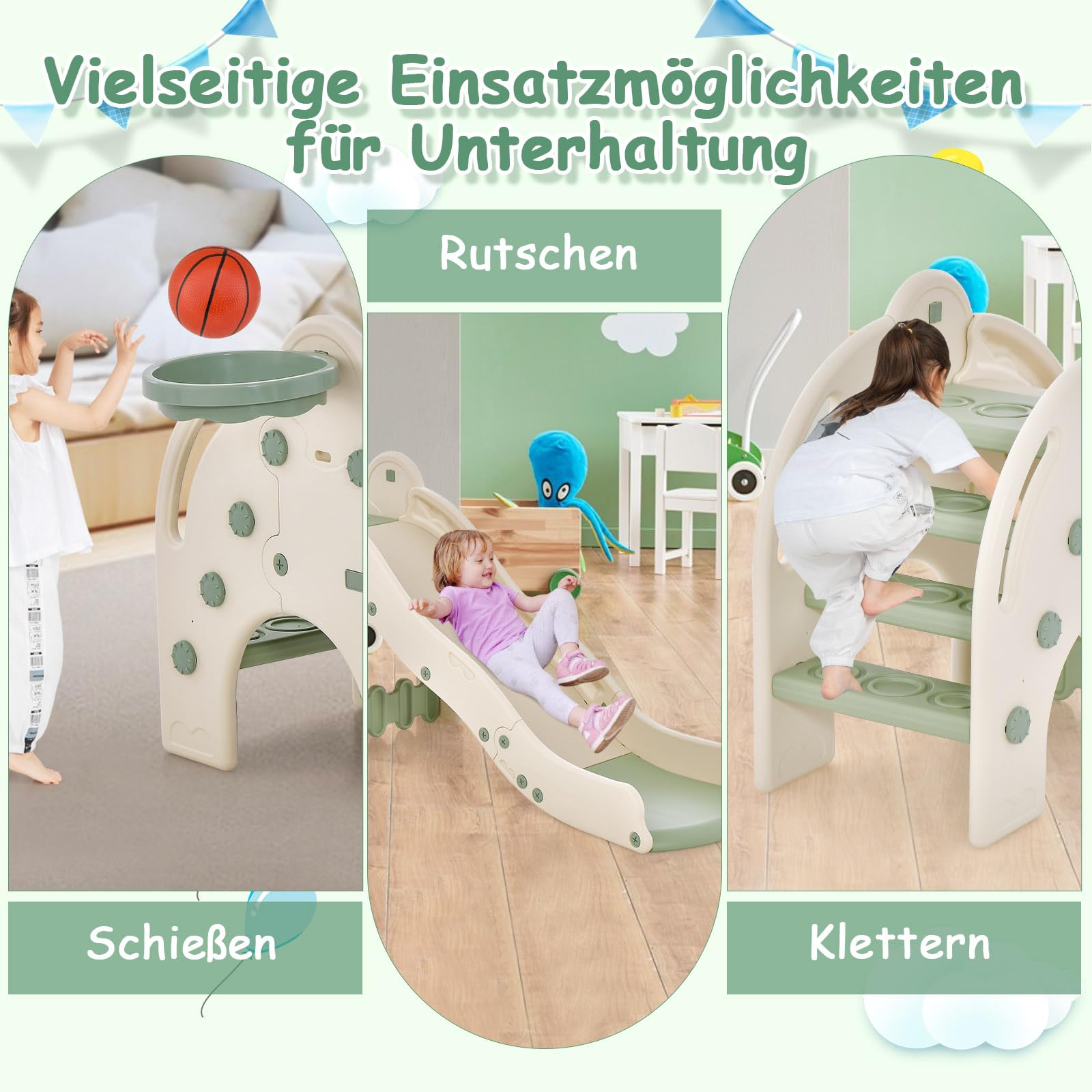 GOPLUS Zjeżdżalnia dziecięca 3 w 1, z balustradą bezpieczeństwa i przedłużoną strefą buforową, wielofunkcyjna zabawka dla dzieci do strzelania, wspinaczki i zjeżdżania, dla dzieci od 18 miesięcy