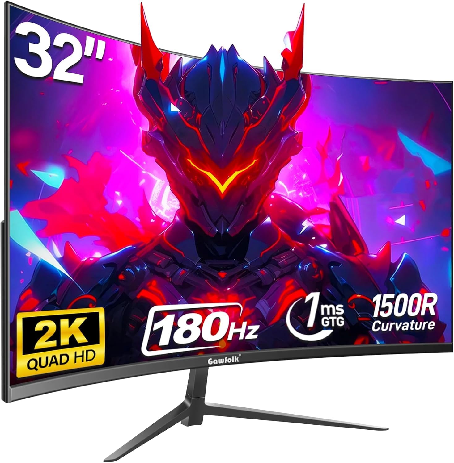 Gawfolk 32 Inch Gaming Monitor 2K 180Hz Computer Monitor QHD Curved 1500R Display Screen 1440P 300cd/m² FreeSync 1ms(GtG) 100% sRGB Suitable for Office and Games