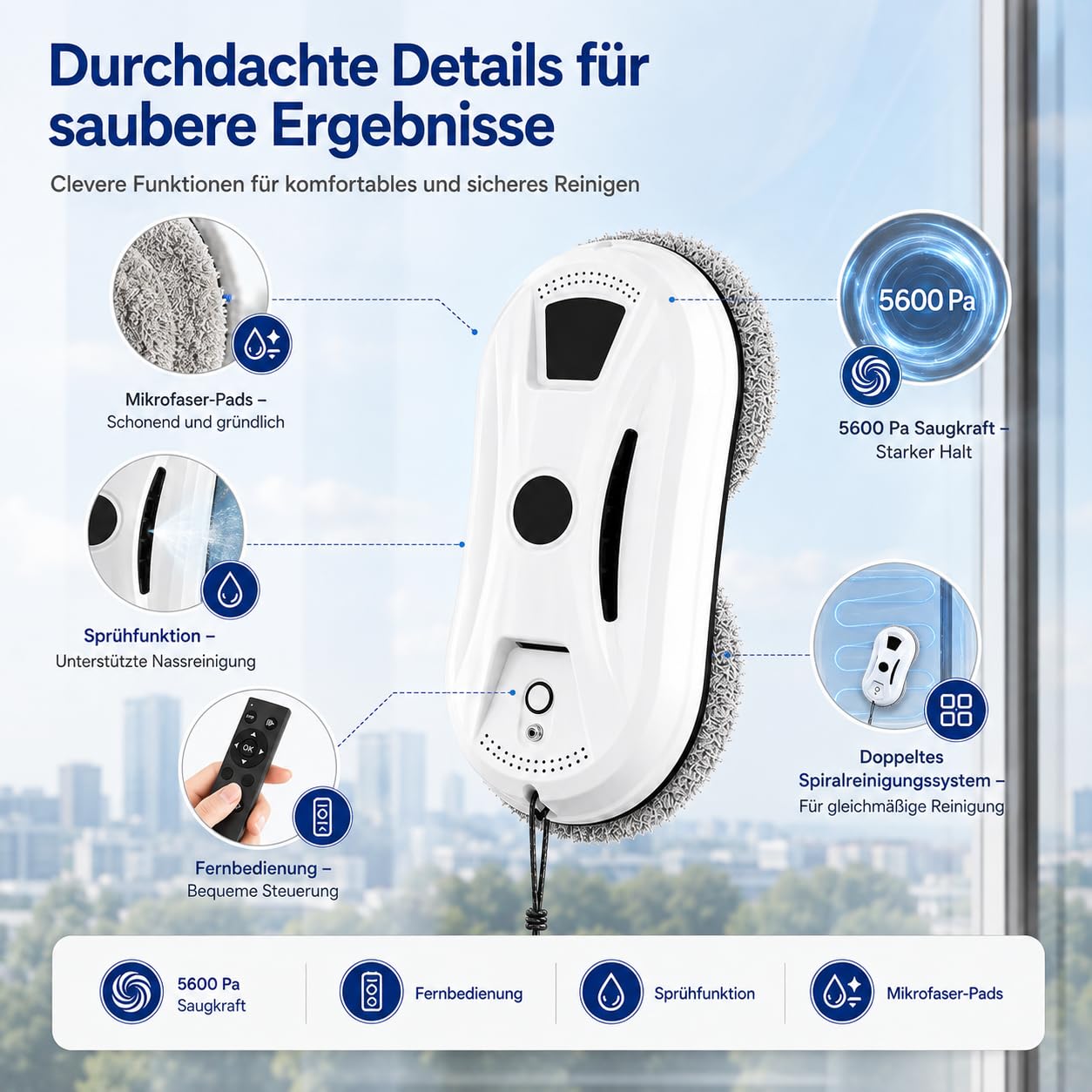 Osmo RoboClean Fensterputzroboter - 2027 Robo Clean Fensterreinigungsroboter mit Fernbedienung, 3Automatische Reinigungsmodi, Intelligente Navigation&Kantenerkennung, Sicherungsseil,für Fenster (A)