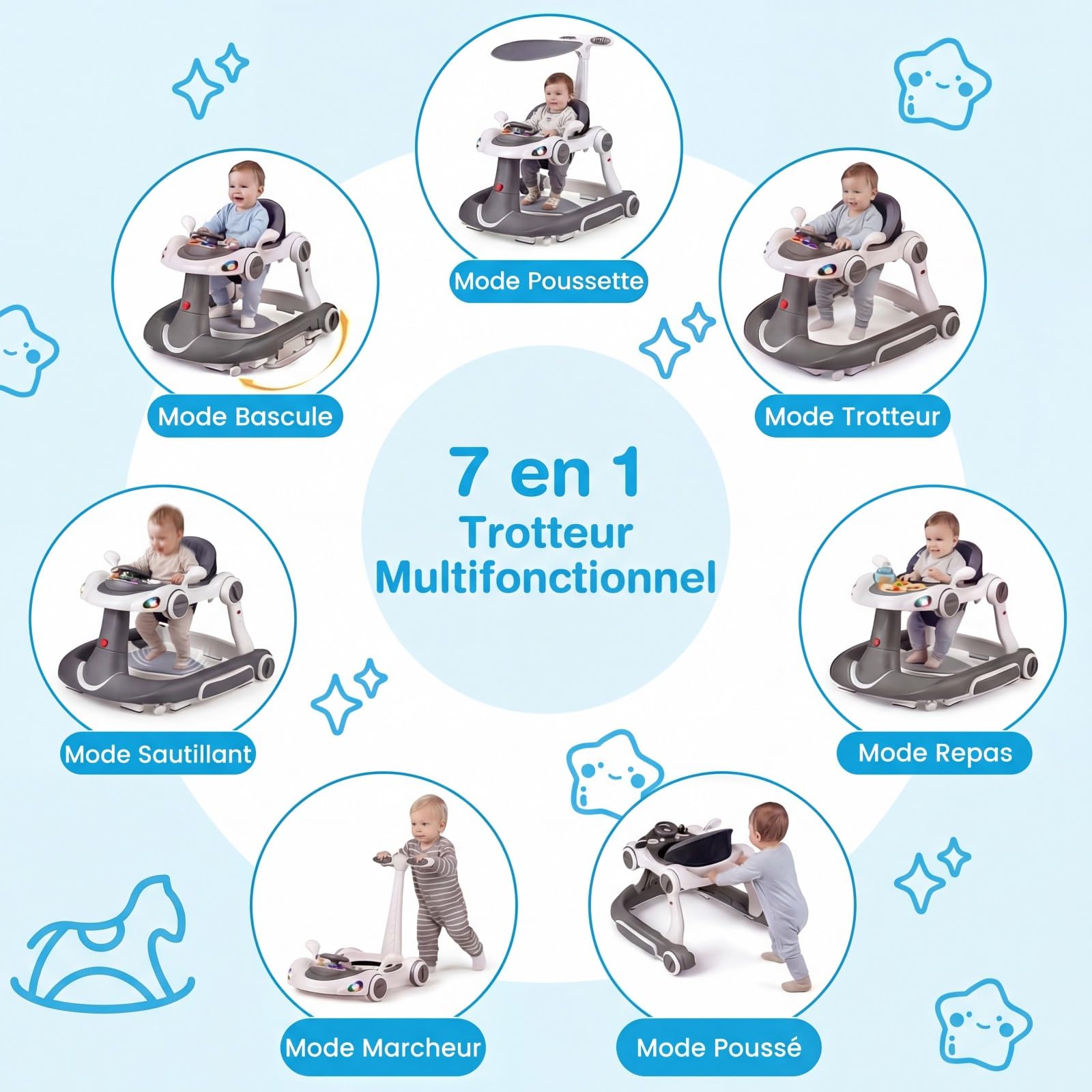 COSTWAY Trotteur Bébé Garçon Fille Pliable 7 en 1 avec Mode Bascule et Sautillant, Trotteur Marche Bébé Garçon Évolutif avec Hauteur Réglable, Musique et Lumière,Charge 12kg, 7-18 Mois (Gris) - 2