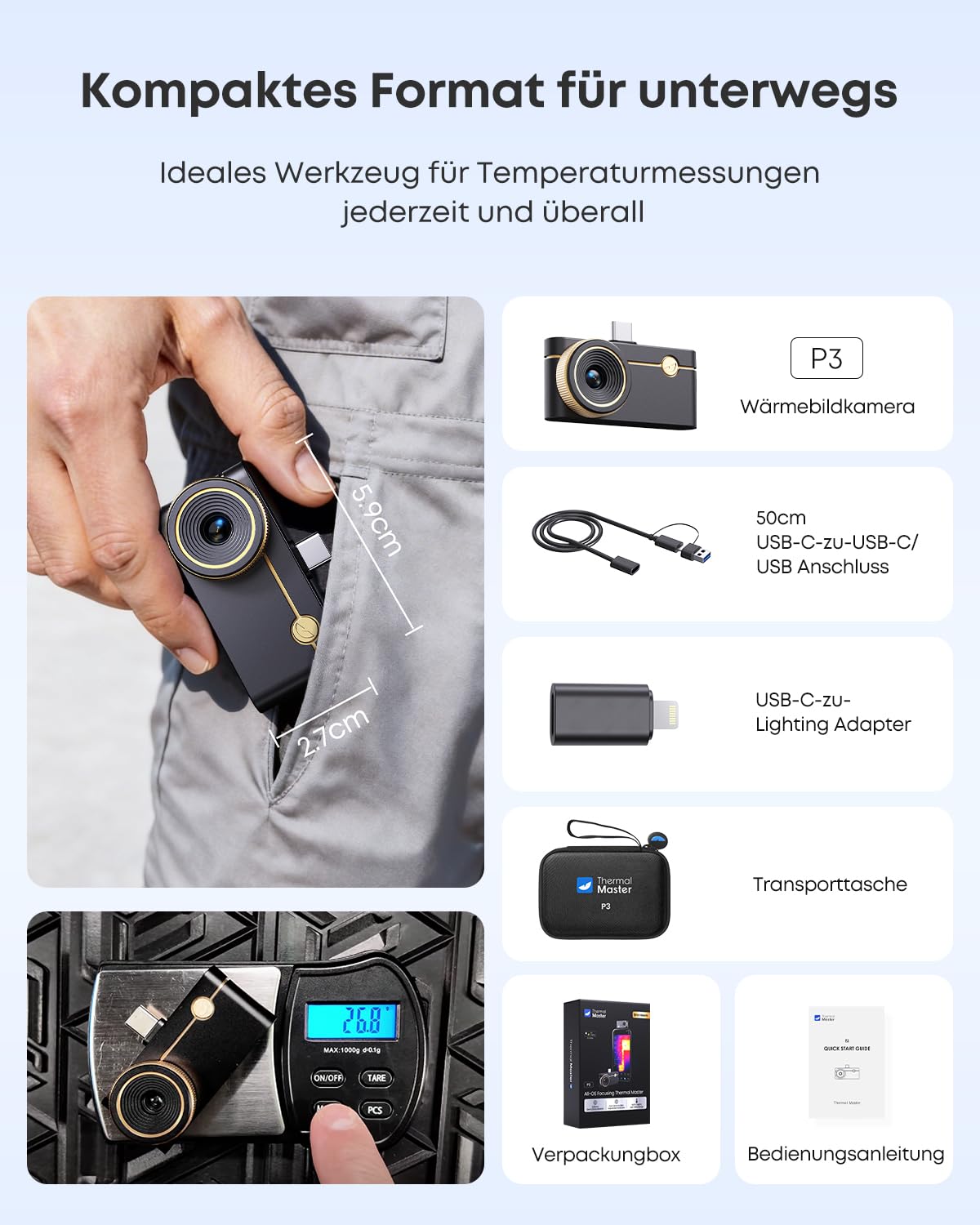 Thermal Master P3 Wärmebildkamera für iPhone & Android, Infrarotkamera mit 512x384 X³IR Auflösung, 8mm Makro-Objektiv, -20°C-600°C, 15x Digitalzoom für Elektronik HVAC PCB Inspektion