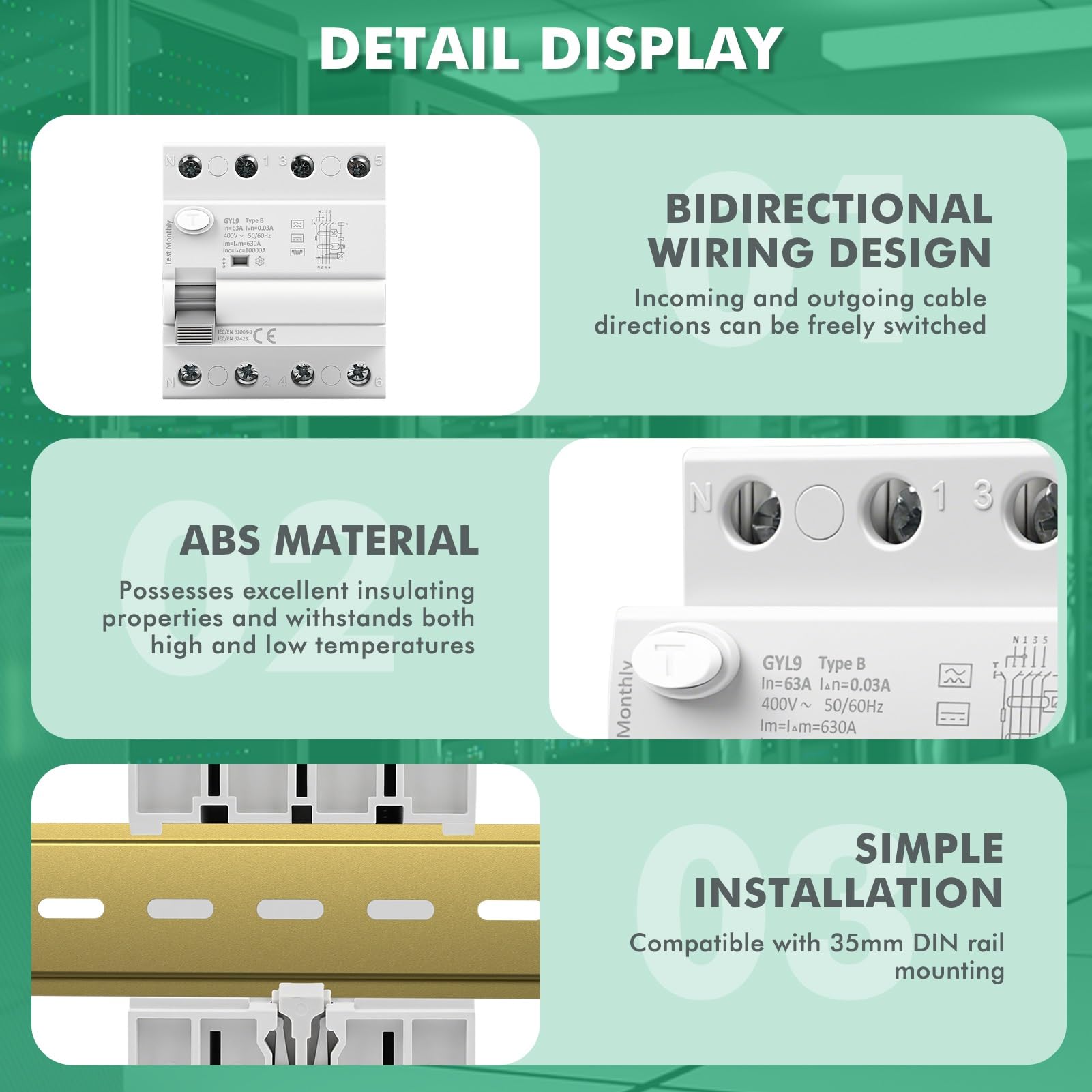 Jadeshay Disyuntor Diferencial Tipo B 3P+N 63A 30mA 400V RCCB Interruptor Diferencial Residual para Sistema Fotovoltaico Estación de Carga y Equipo Industrial
