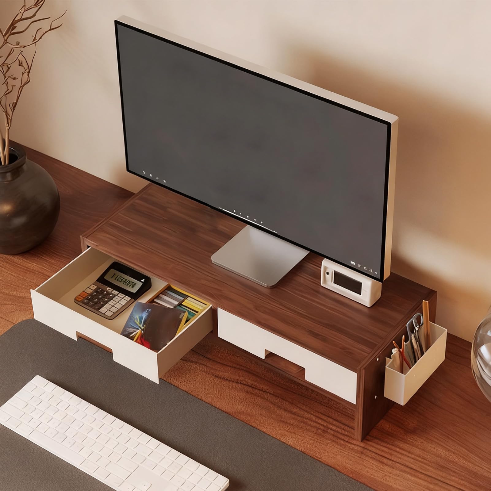 Supporto Alzamonitor Per Computer Organizzatore Con Doppio Cassetto | Supporto Per Alzare Il Monitor Da Scrivania Per Famiglia, , Uffici, Interno, Studio, Camera Da , Stanza, E Scrivania