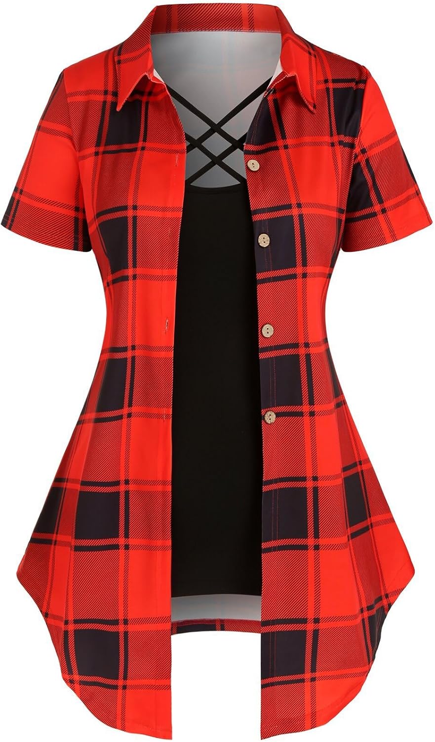 Women Short Sleeves Plaid Shirts Crisscross Mock Down Shirts Summer Tee Casual Tunic Top