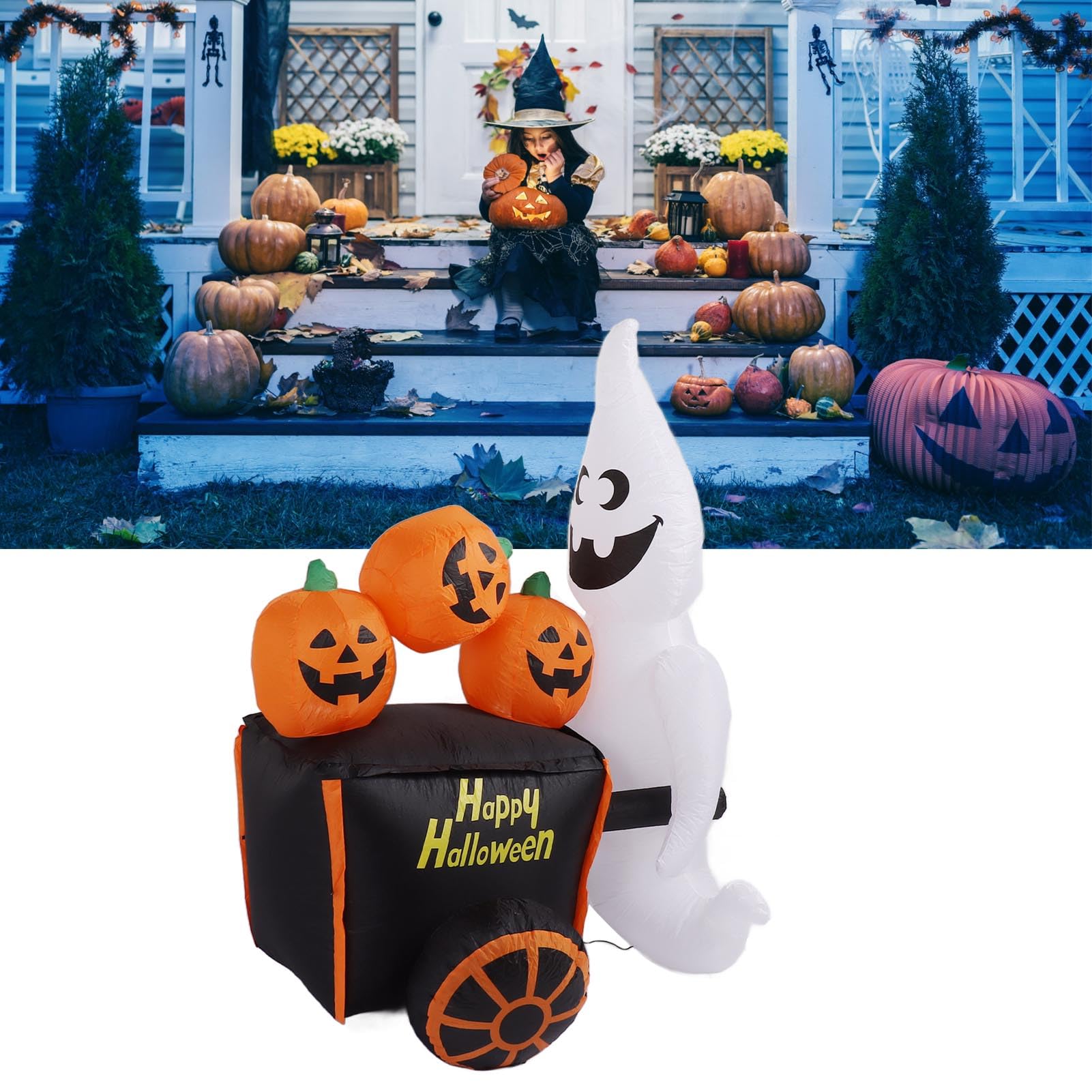 Halloweenowy Nadmuchiwany Wózek z Dyniami o Wysokości 6 Stóp i Wbudowanym światłem LED. Dmuchane Dmuchane Zabawki na imprezę z Okazji Halloween. Dekoracje na Trawniku (Wtyczka UE