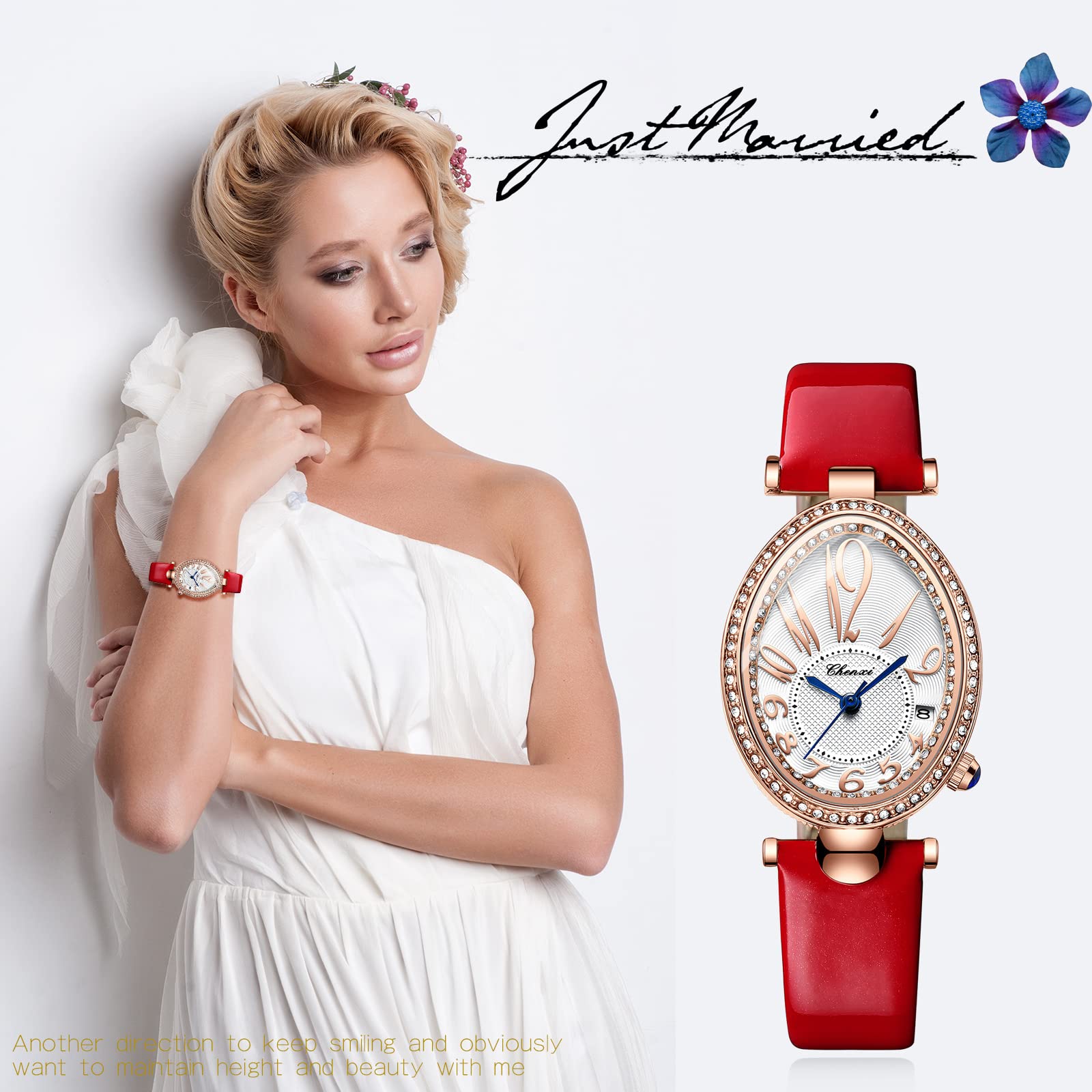 JewelryWe Uhren Damen Analog Quarz Datum Kalender 30m Wasserdicht Armbanduhr Elegant Strass Oval/Schlangenkopf Form Beiläufige Uhr mit Echtleder Leder Armband, 4 Farben